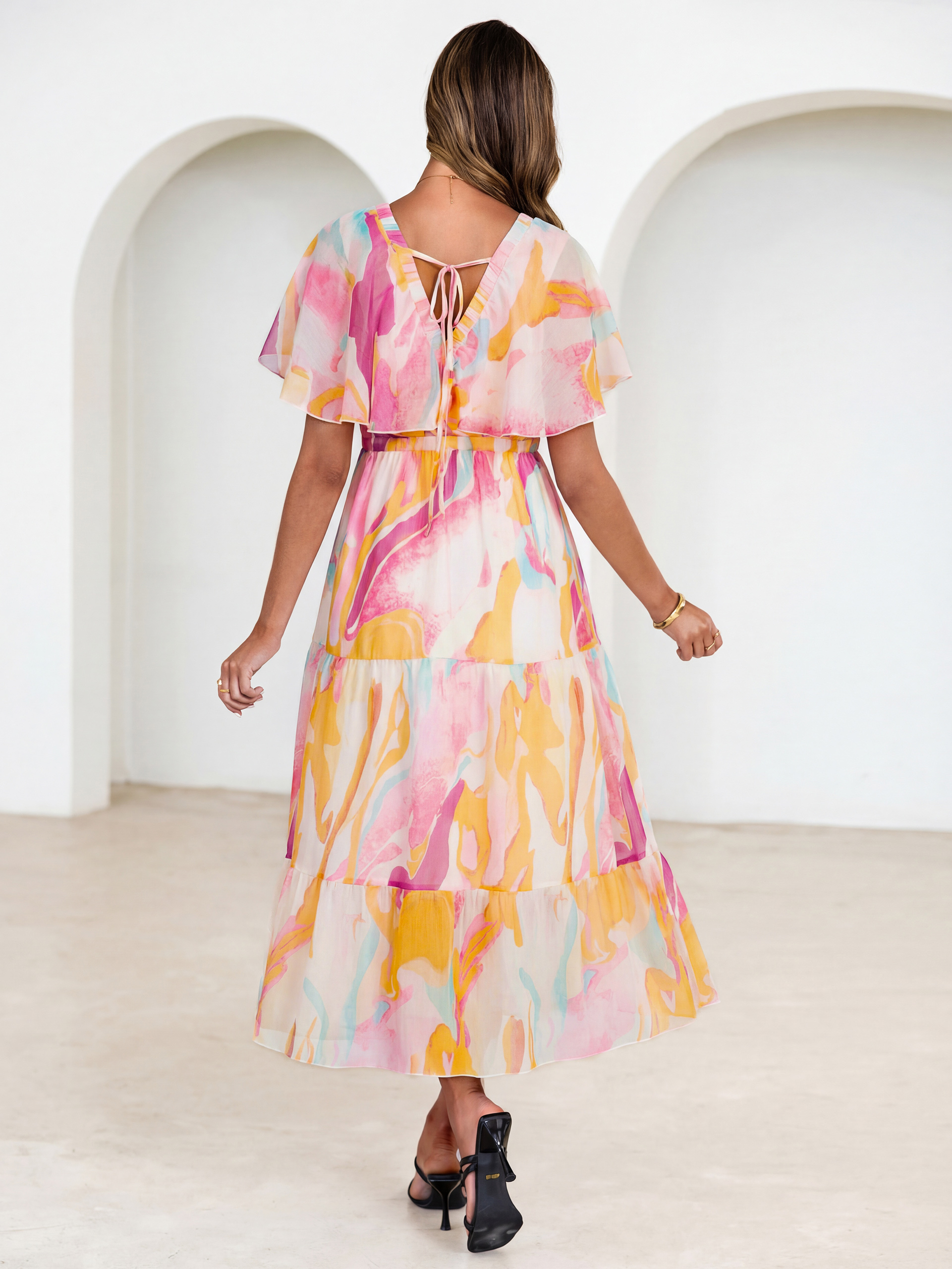 Floral V Neck Ruffle Sleeve Backless Maxi Dress