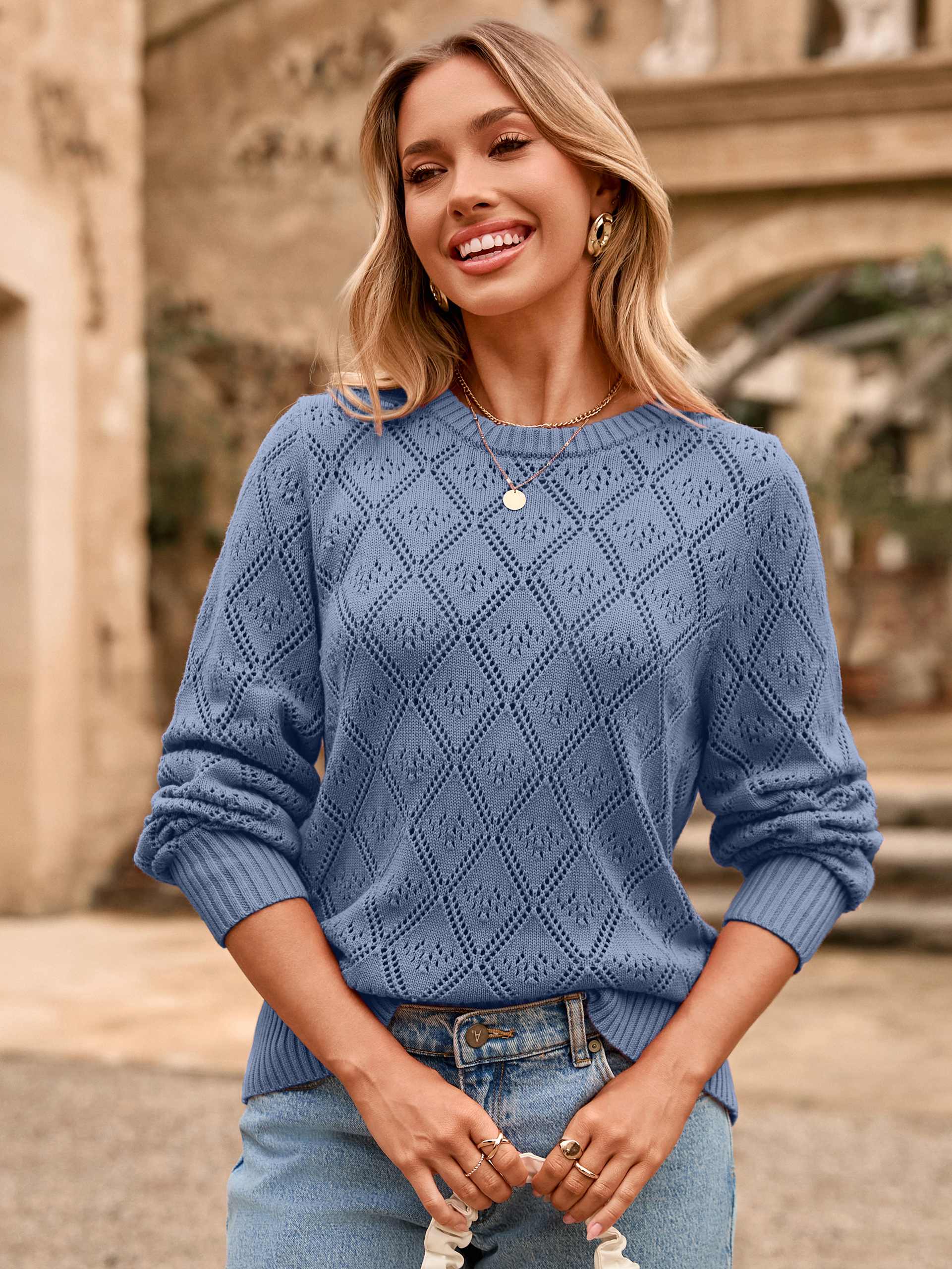 Diamond Pattern Crochet Lace Knit Pullover