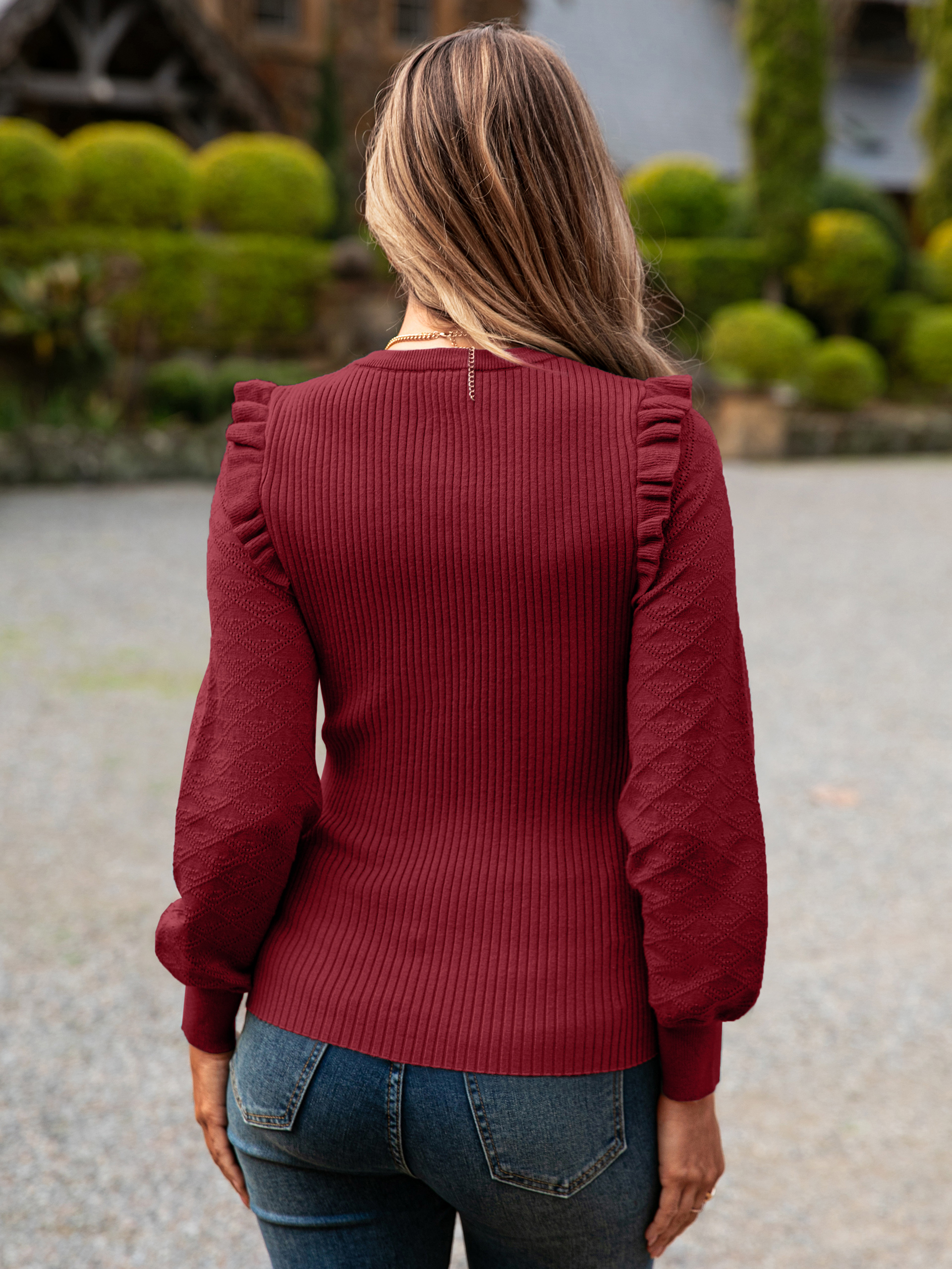 Diamond Knit Ruffle Shoulder Crew Neck Sweater