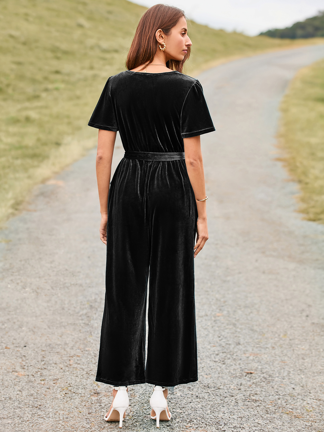 Velvet Short Sleeve Belted Wide Leg Jumpsuit