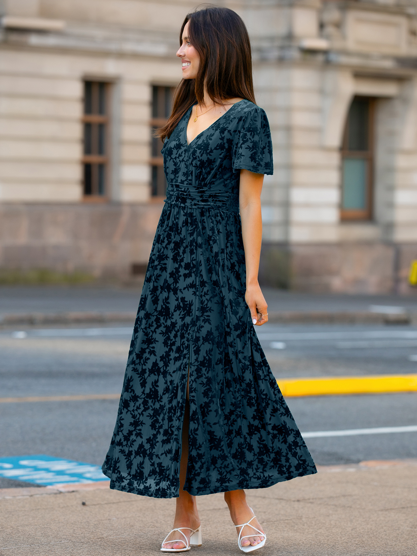 Velvet Floral Slit V-Neck Flutter Sleeve Maxi Dress - Dark Blue