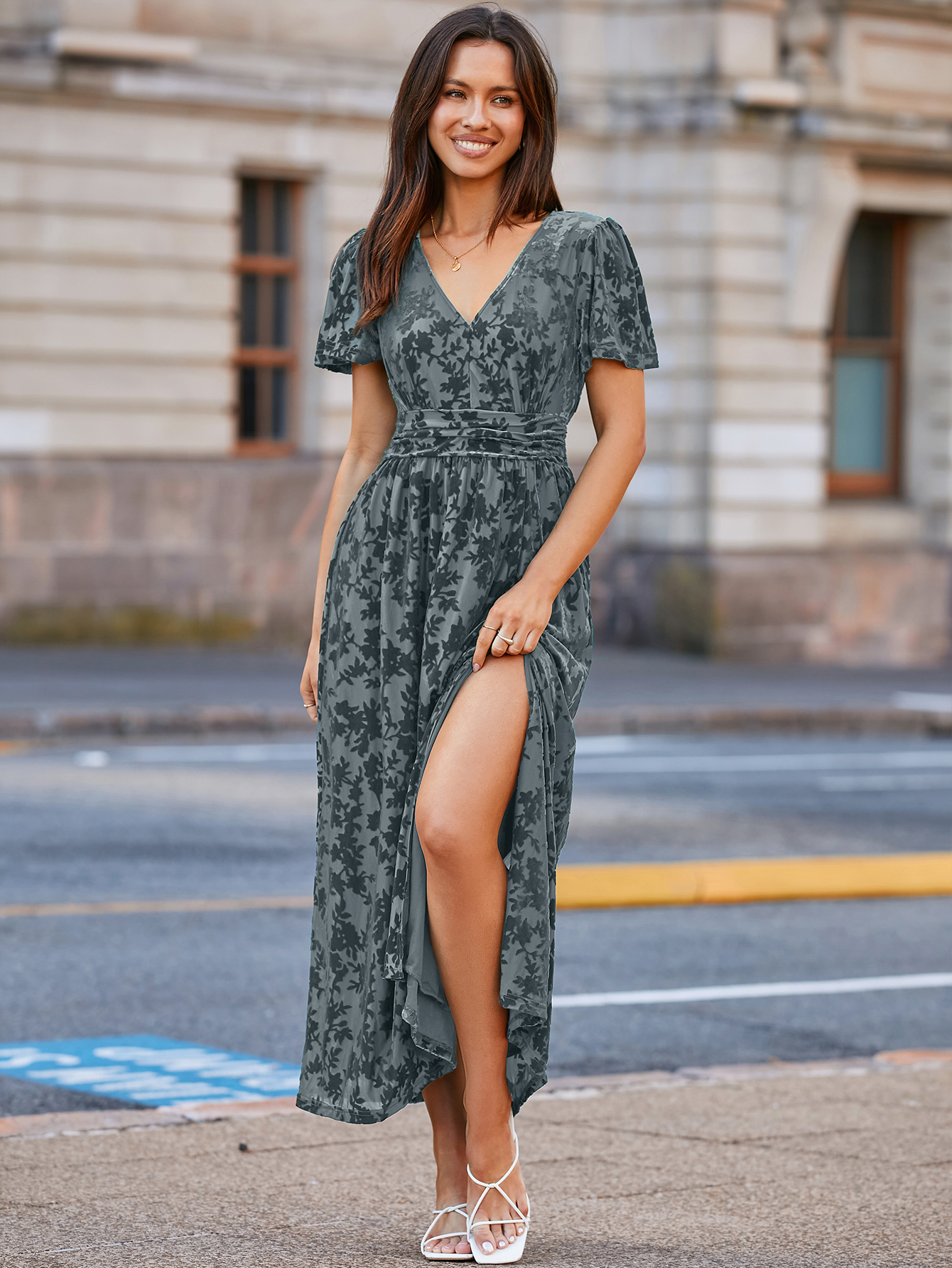 Velvet Floral Slit V-Neck Flutter Sleeve Maxi Dress - Dusty Blue
