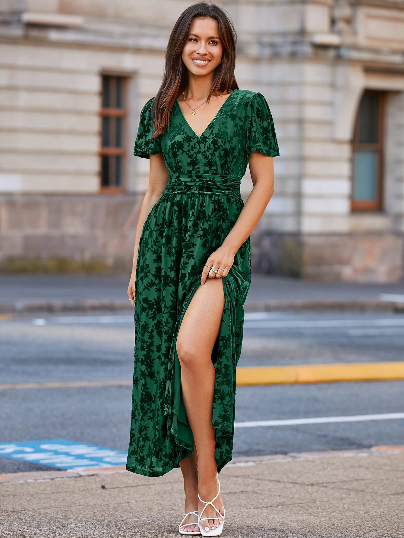 Velvet Floral Slit V-Neck Flutter Sleeve Maxi Dress - Green