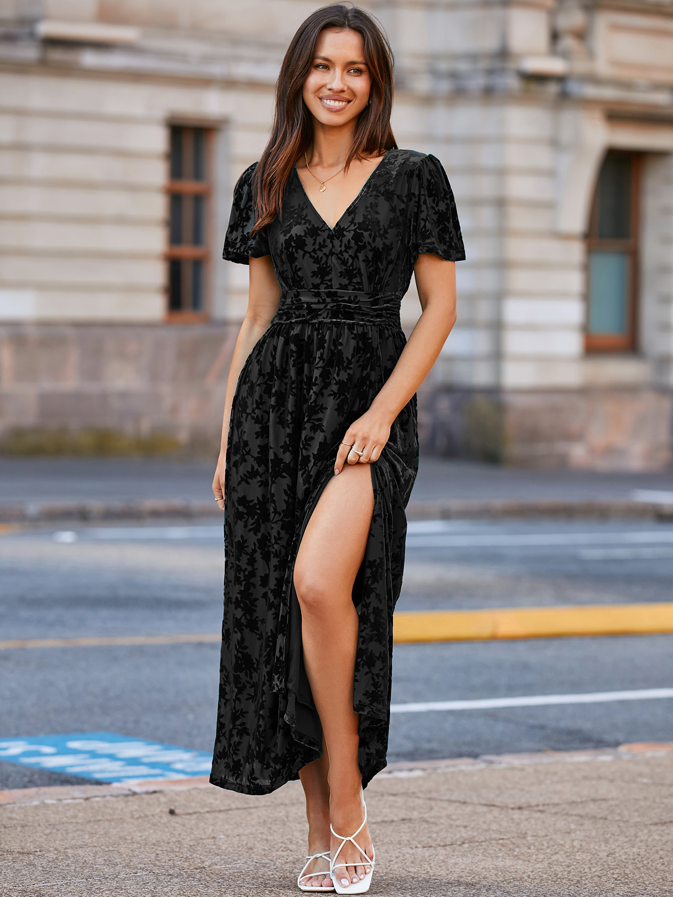 Velvet Floral Slit V-Neck Flutter Sleeve Maxi Dress - Black