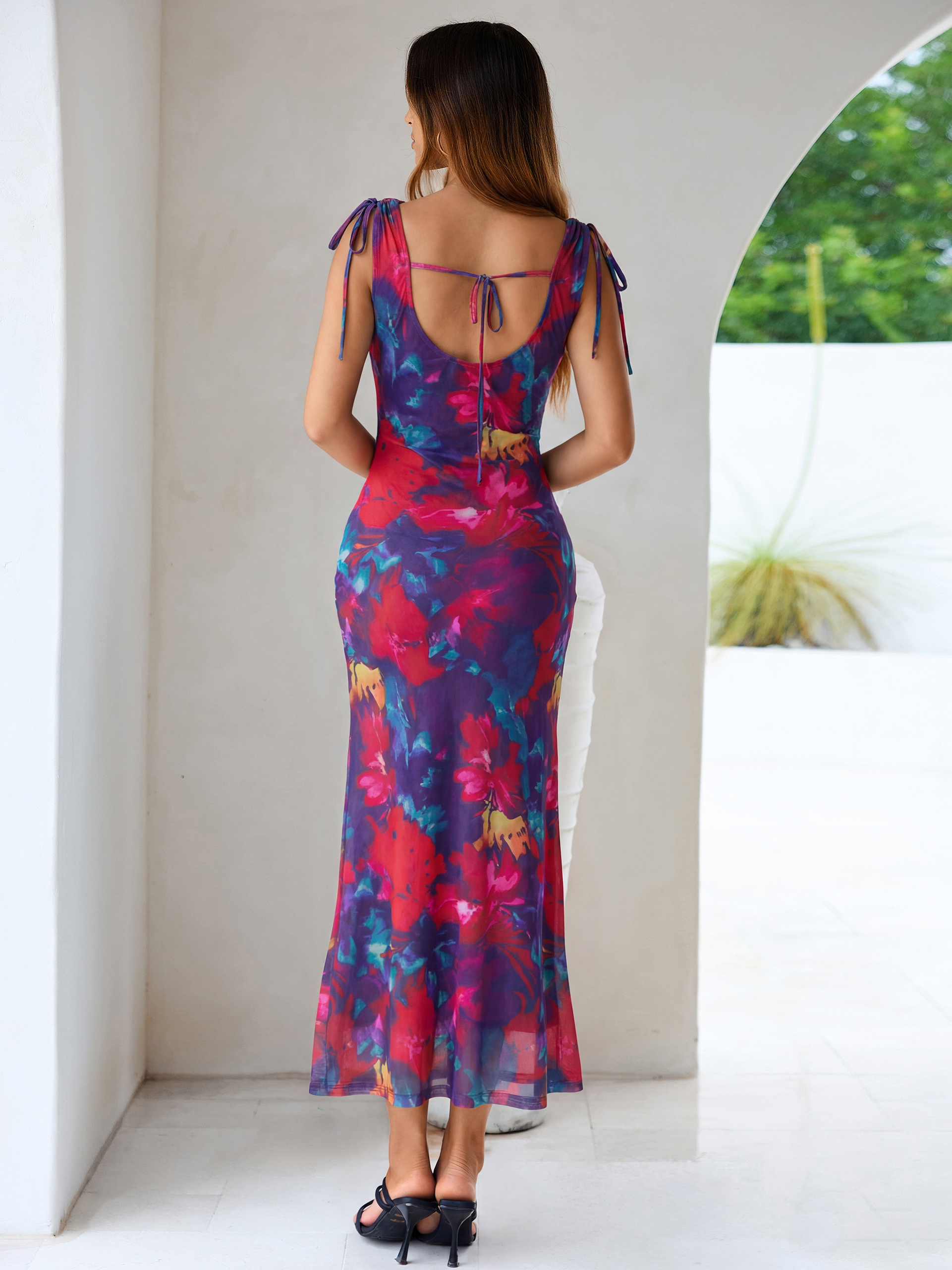 Floral Off Shoulder Mesh Bodycon Maxi Dress