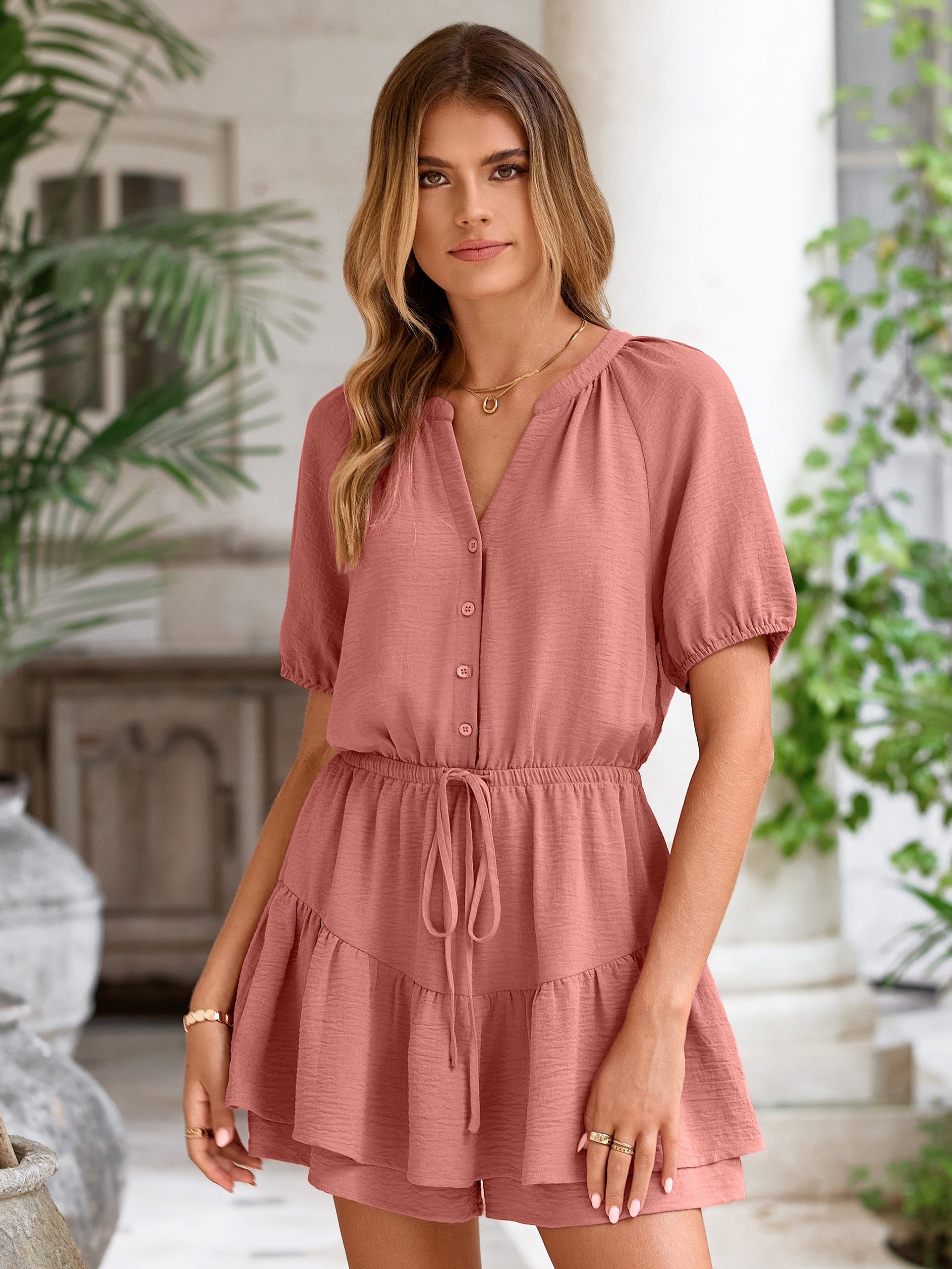 Ruffle V Neck Short Sleeve Tie Waist Romper - Rust