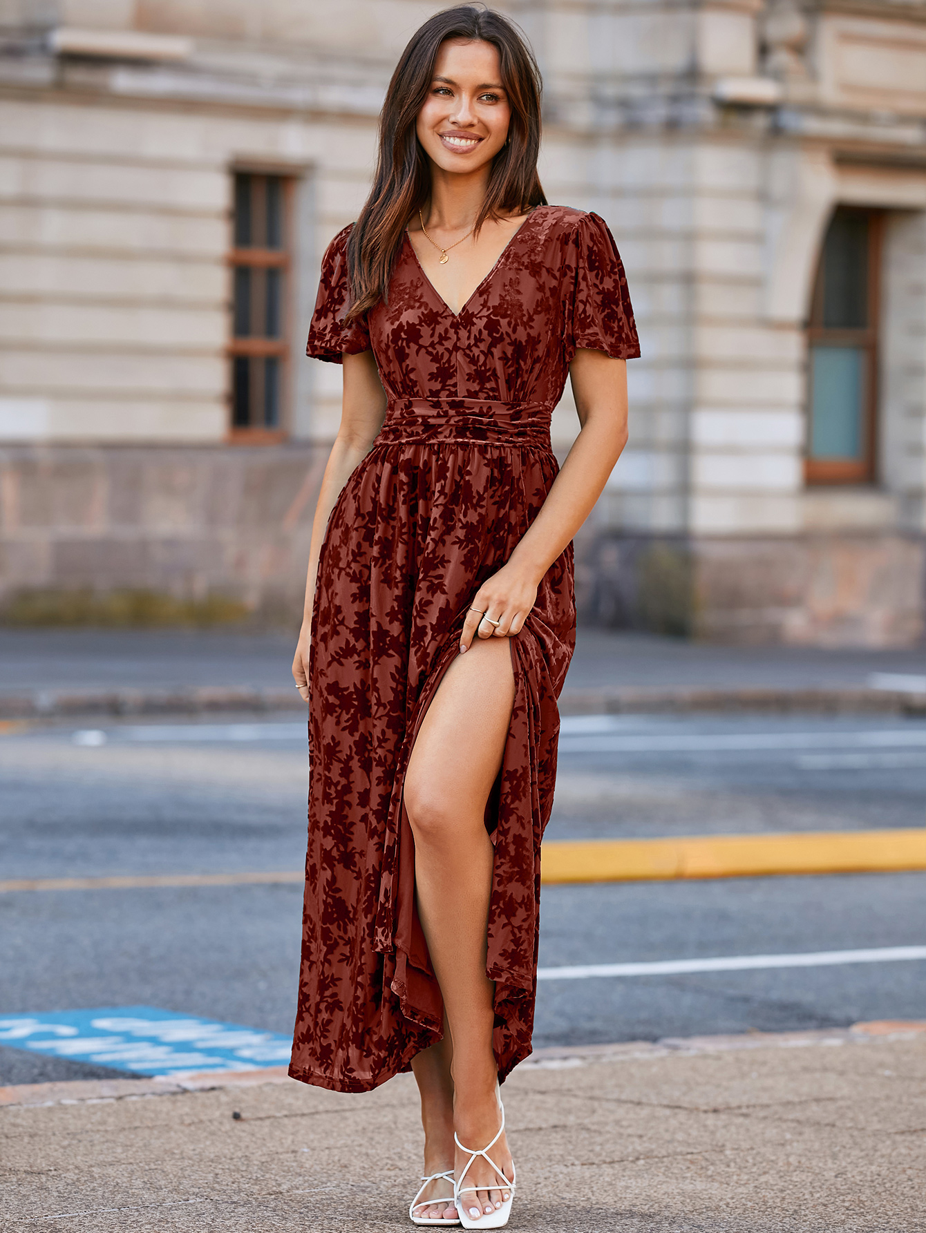 Velvet Floral Slit V-Neck Flutter Sleeve Maxi Dress - Rust