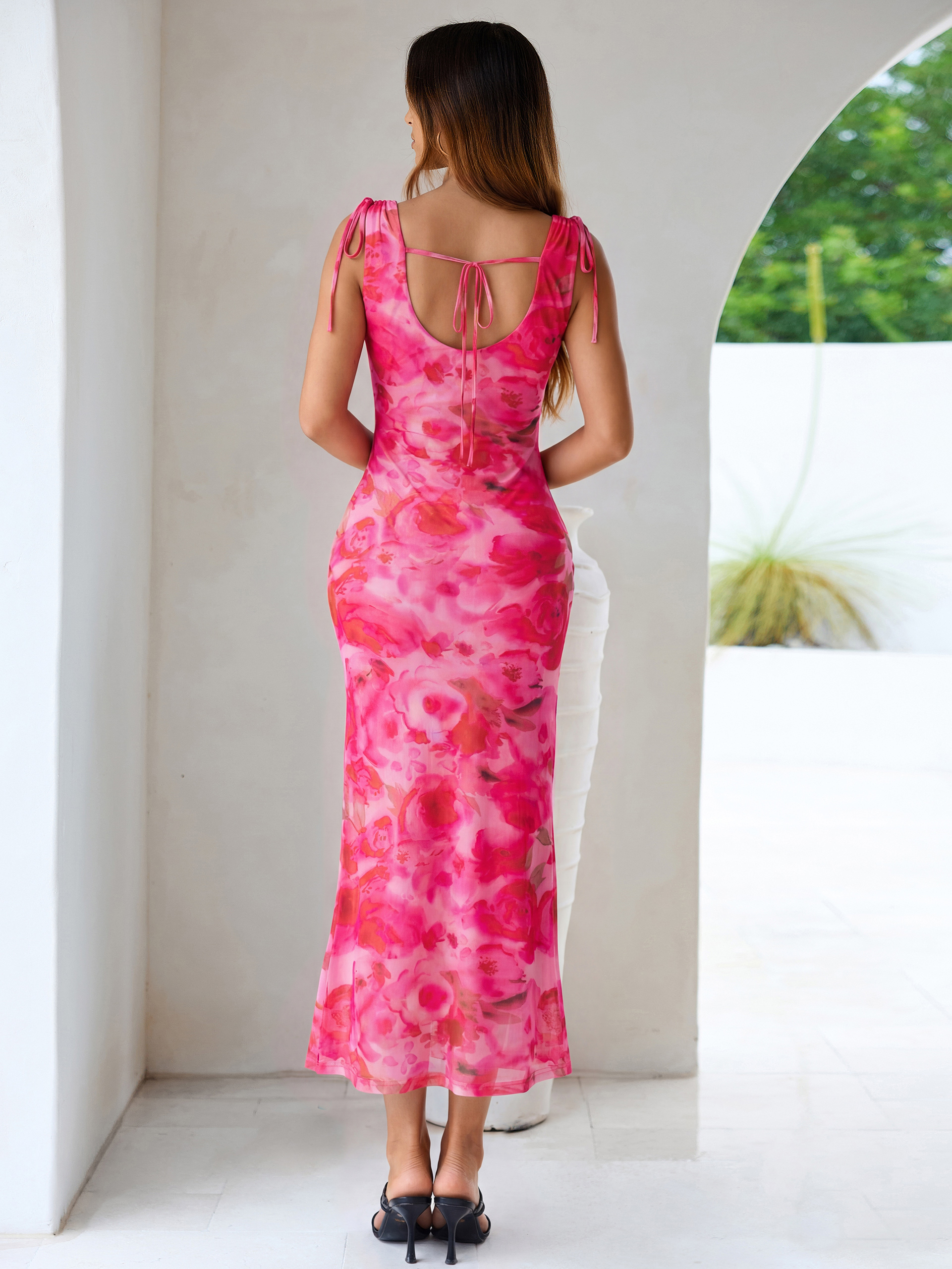 Floral Off Shoulder Mesh Bodycon Maxi Dress