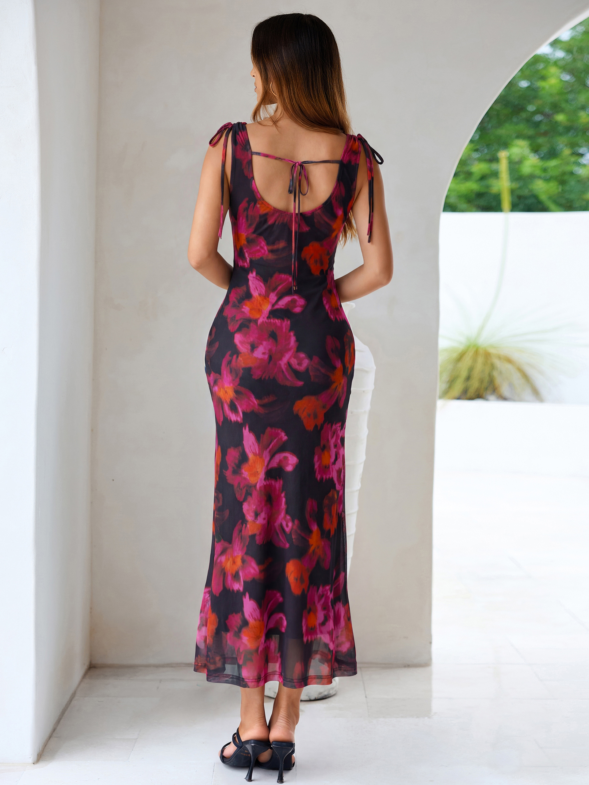 Floral Off Shoulder Mesh Bodycon Maxi Dress