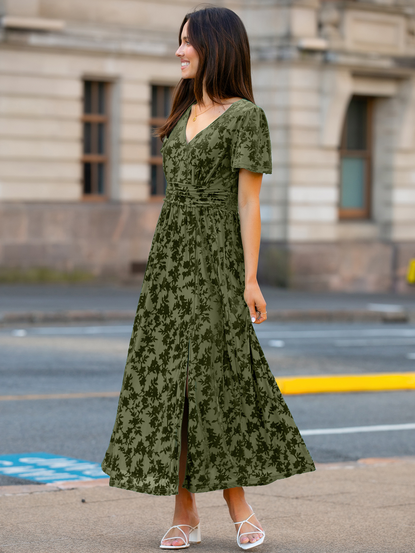 Velvet Floral Slit V-Neck Flutter Sleeve Maxi Dress - Army Green