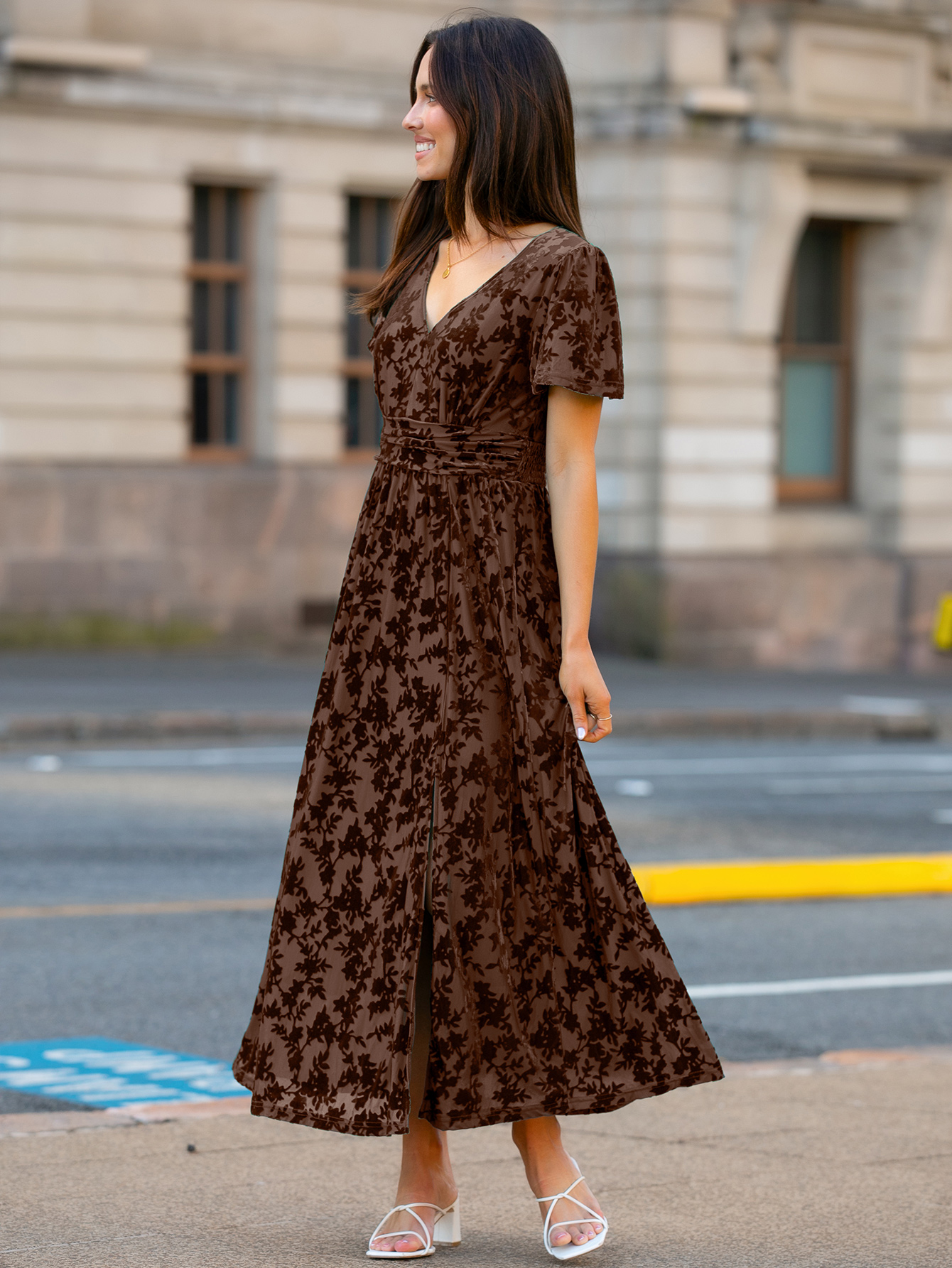 Velvet Floral Slit V-Neck Flutter Sleeve Maxi Dress - Brown