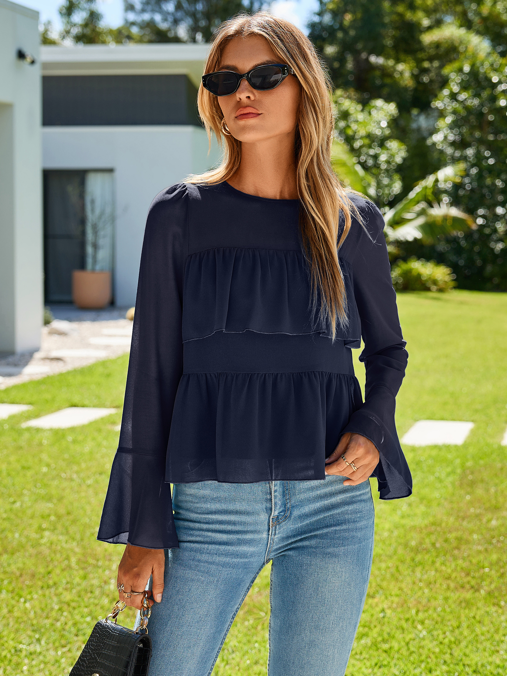 Round Neck Ruffle Peplum Chiffon Blouse