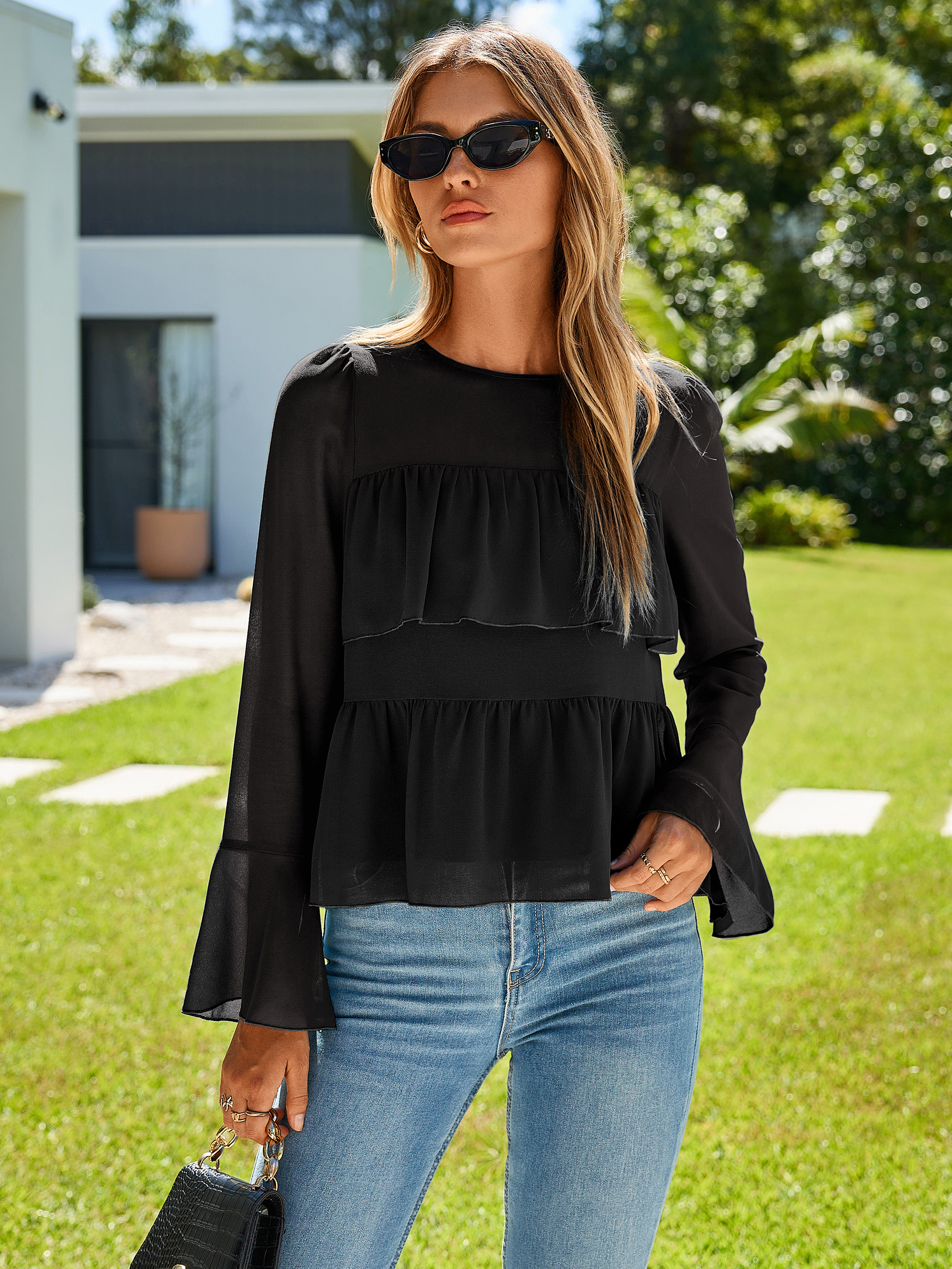 Round Neck Ruffle Peplum Chiffon Blouse
