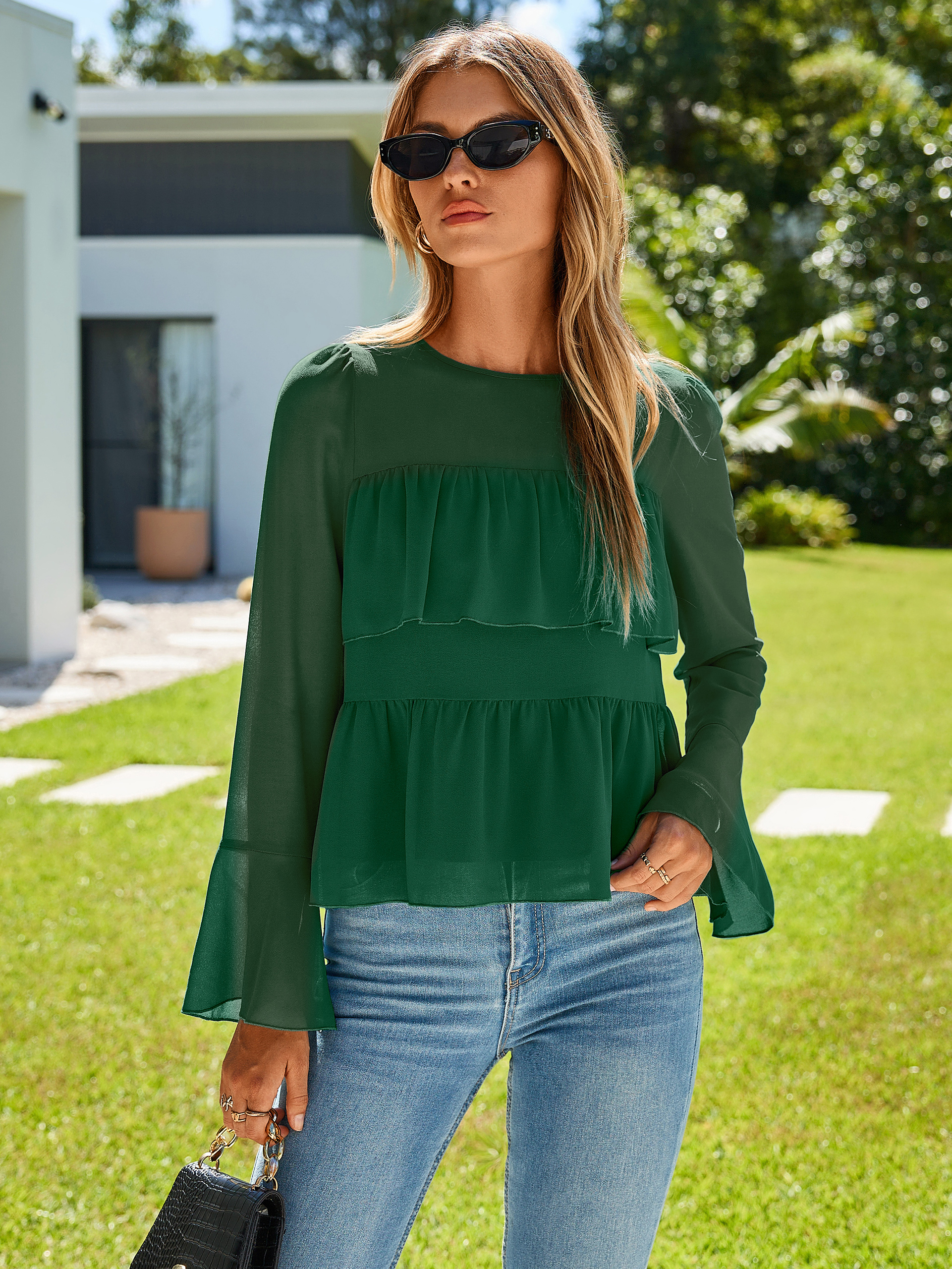 Round Neck Ruffle Peplum Chiffon Blouse