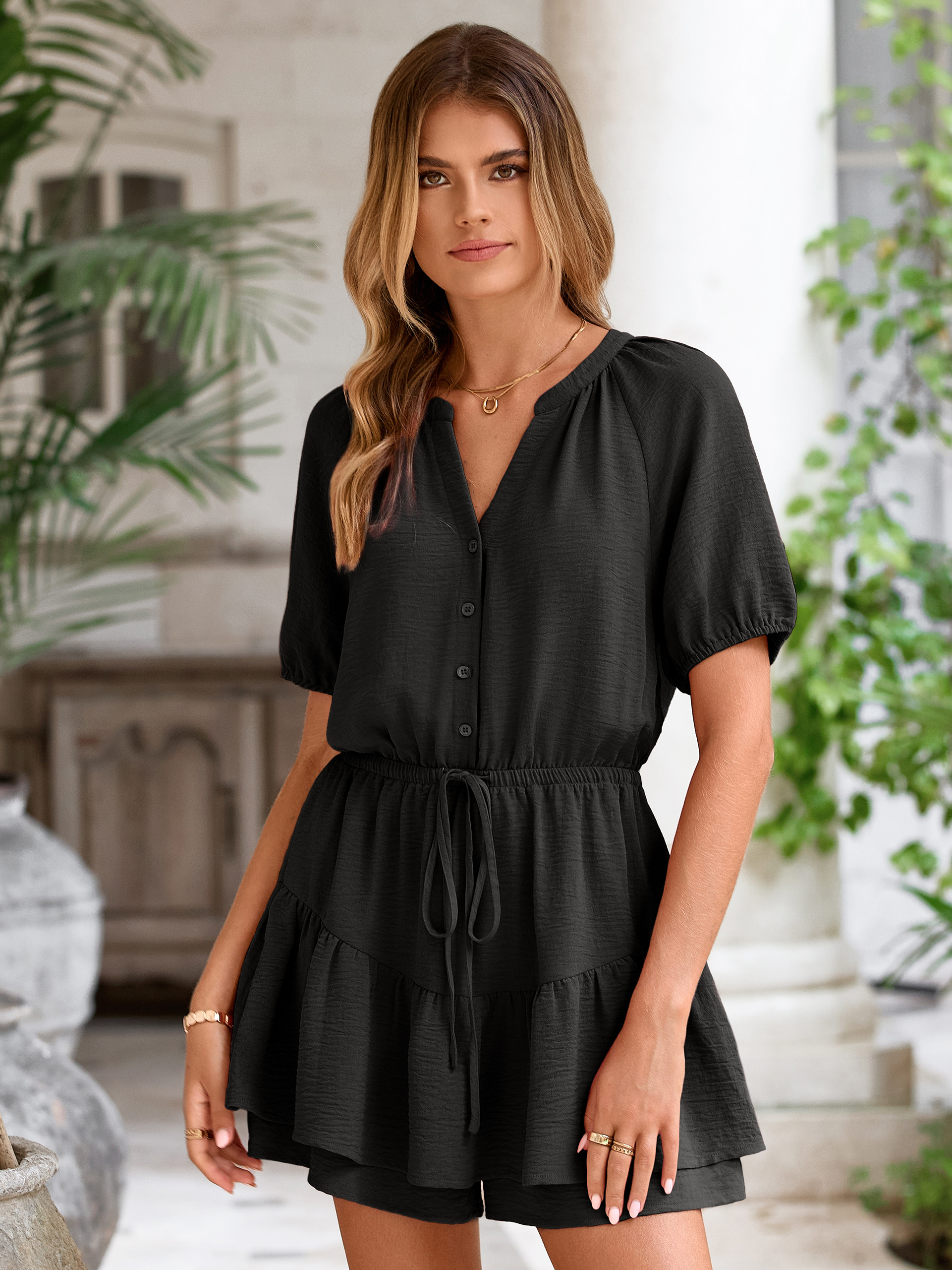 Ruffle V Neck Short Sleeve Tie Waist Romper - Black