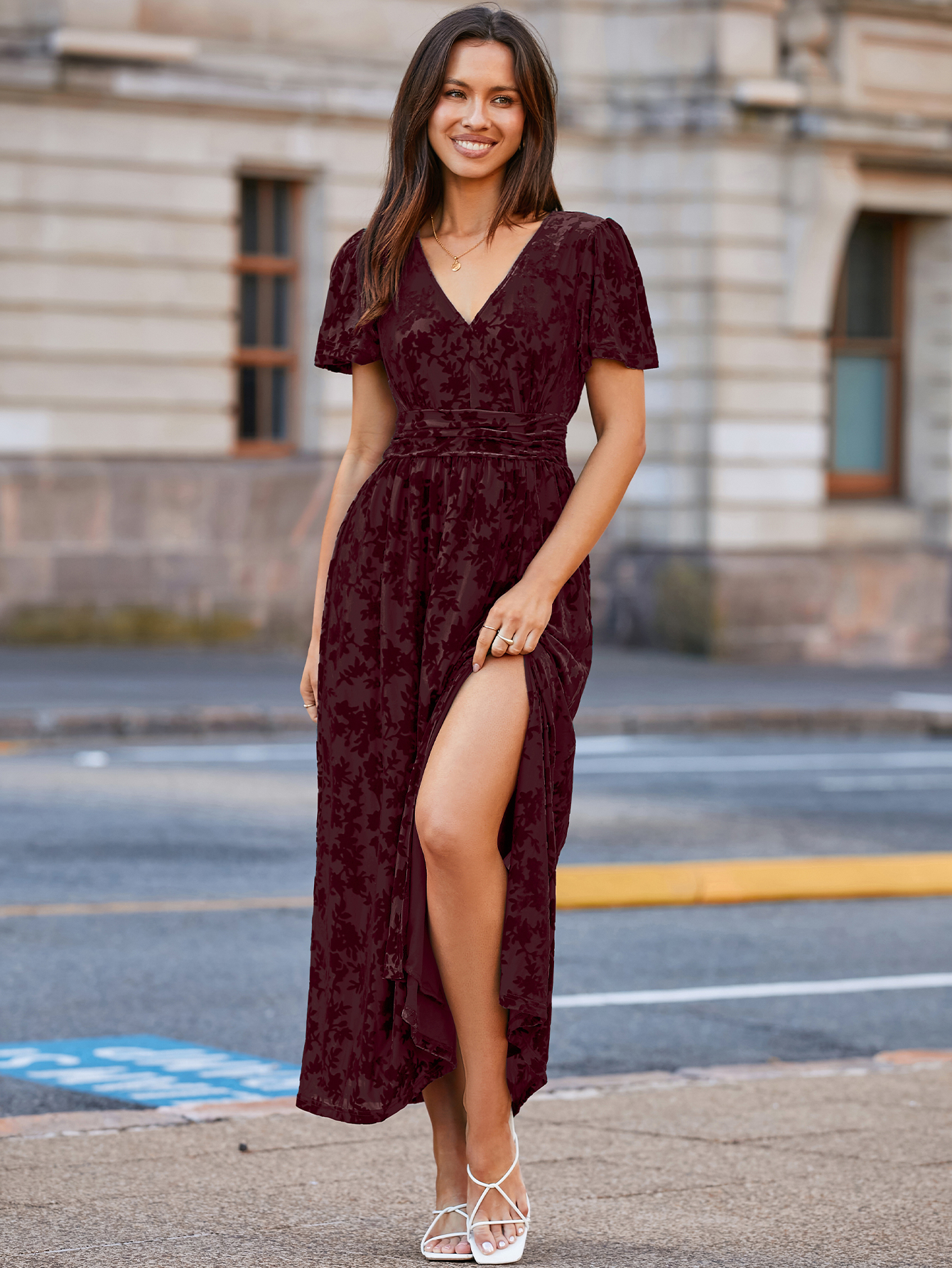 Velvet Floral Slit V-Neck Flutter Sleeve Maxi Dress - Burgundy