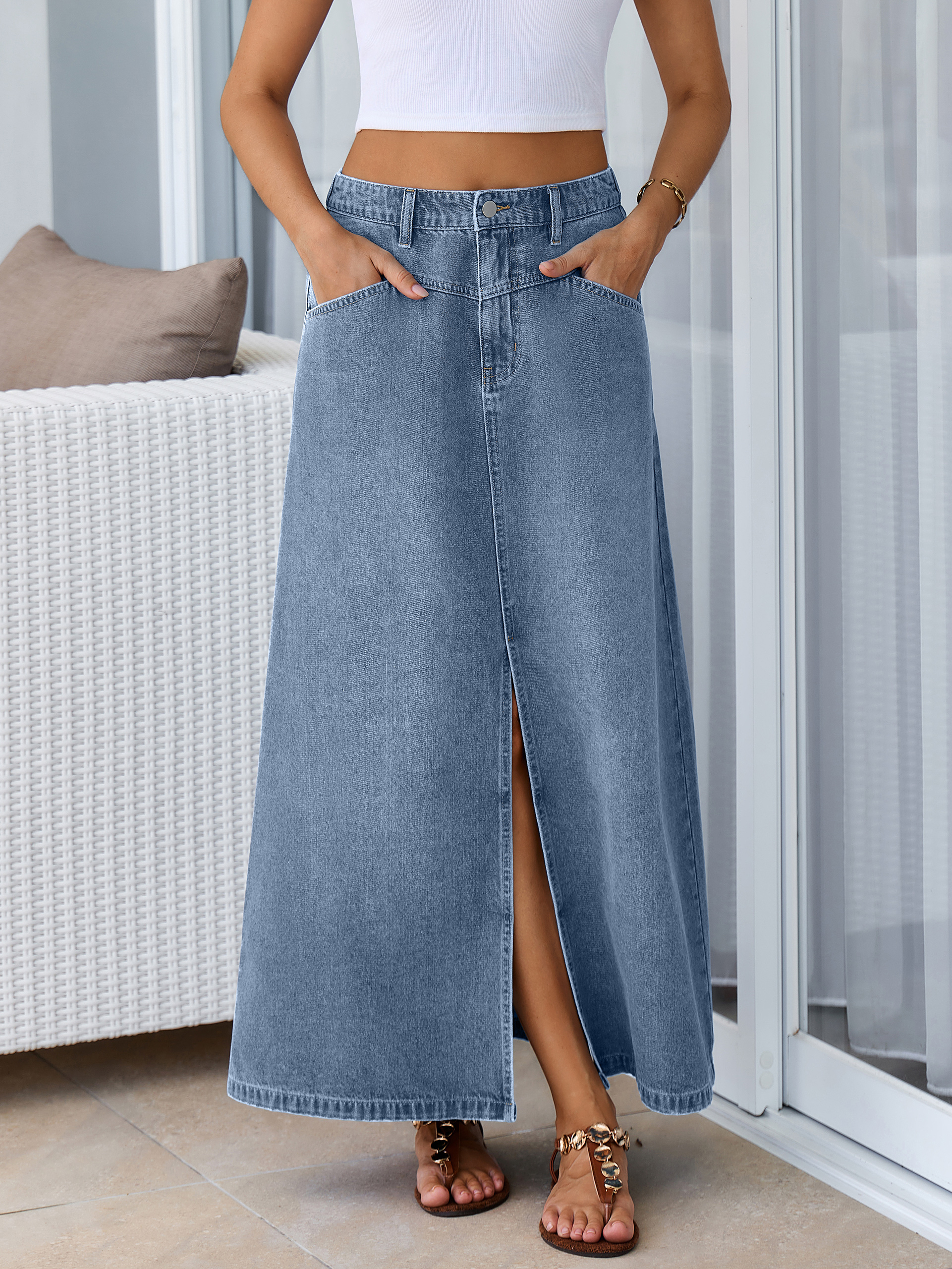 High Waisted Front Slit A-Line Denim Maxi Skirt