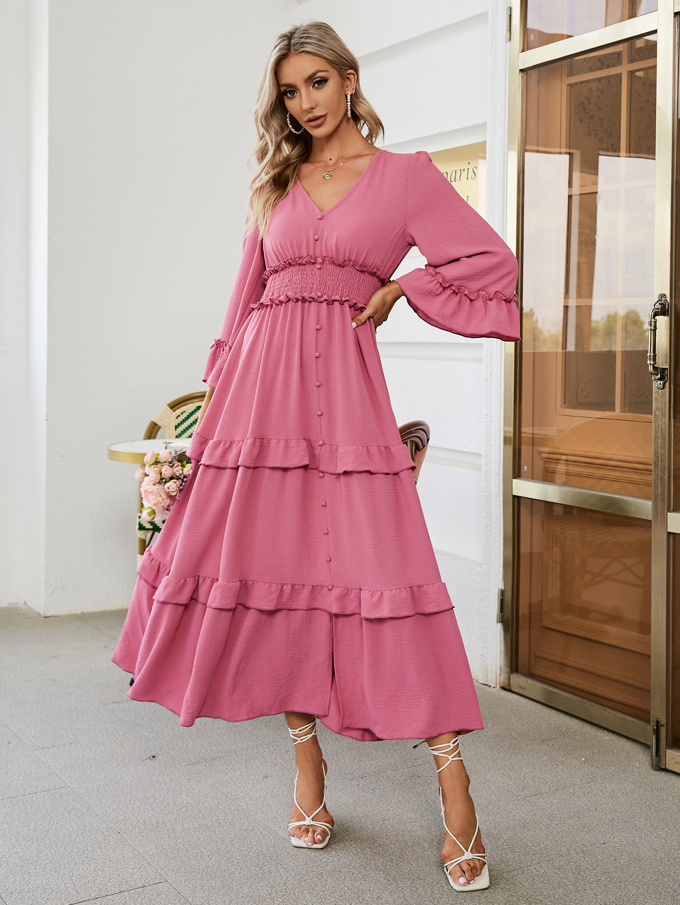 Long Sleeve Tiered Ruffle Smocked Flare Maxi Dress