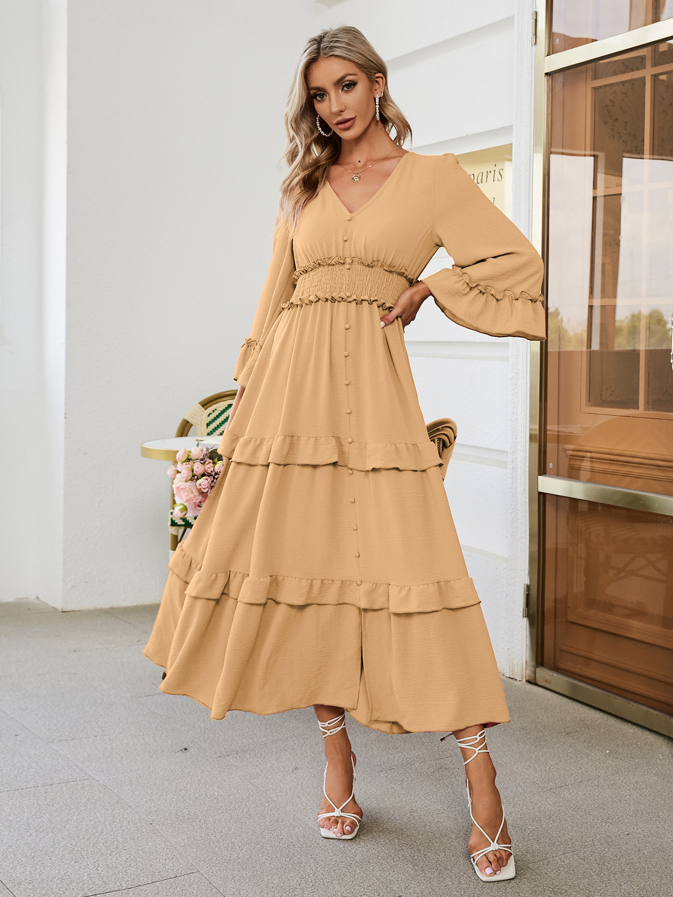 Long Sleeve Tiered Ruffle Smocked Flare Maxi Dress