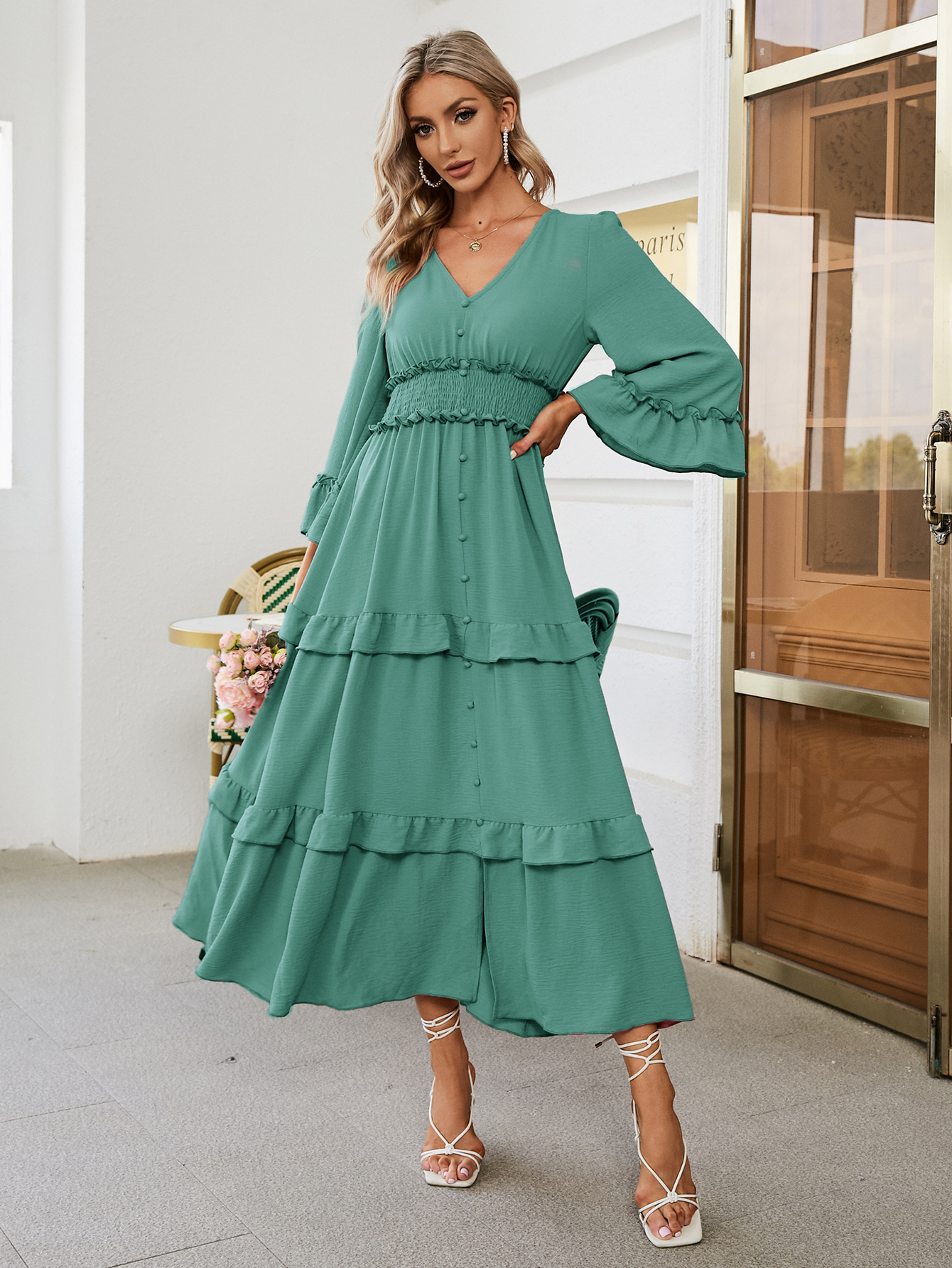 Long Sleeve Tiered Ruffle Smocked Flare Maxi Dress