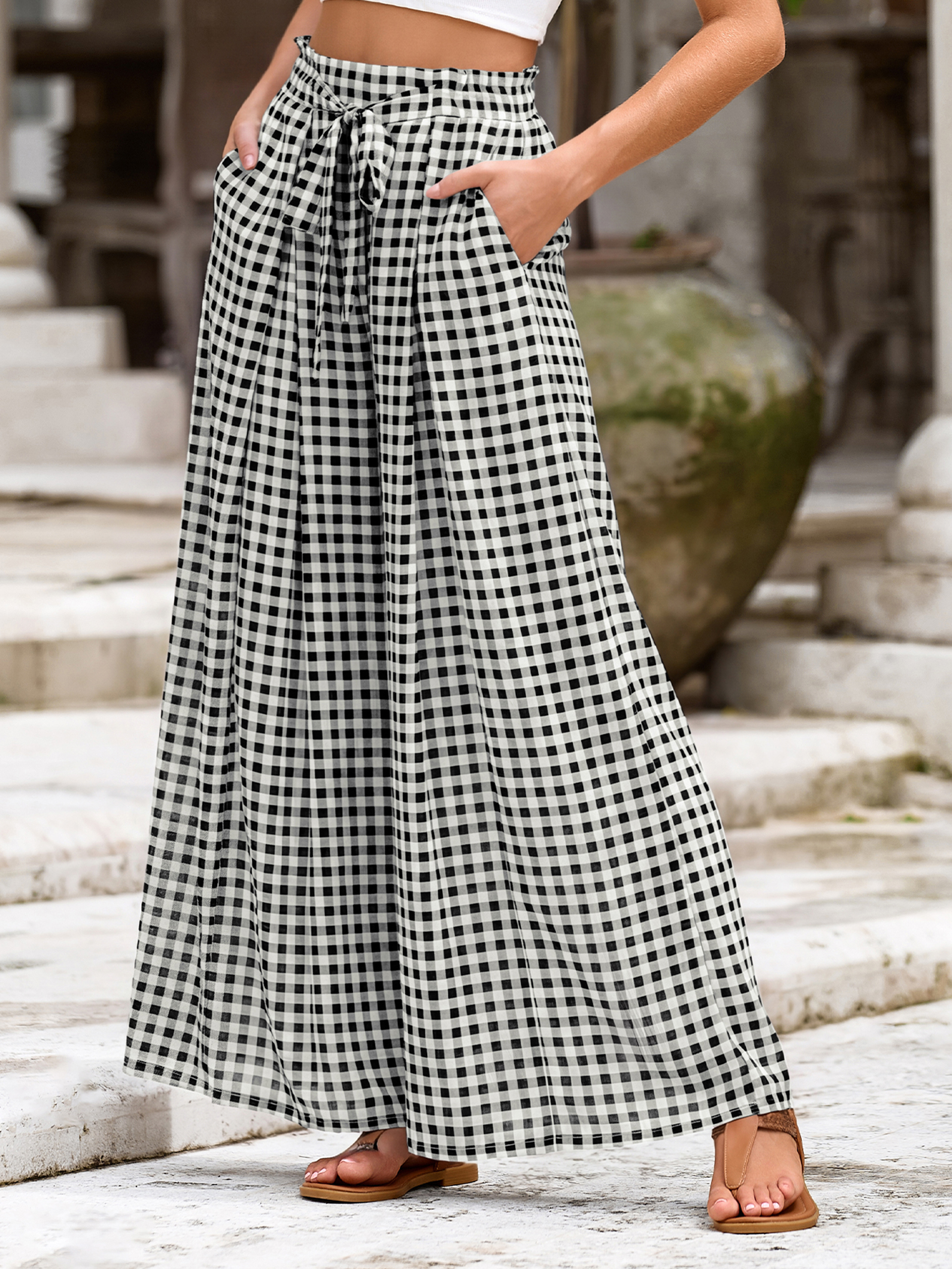 High Waisted Plaid Wide Leg Pants with Pockets
