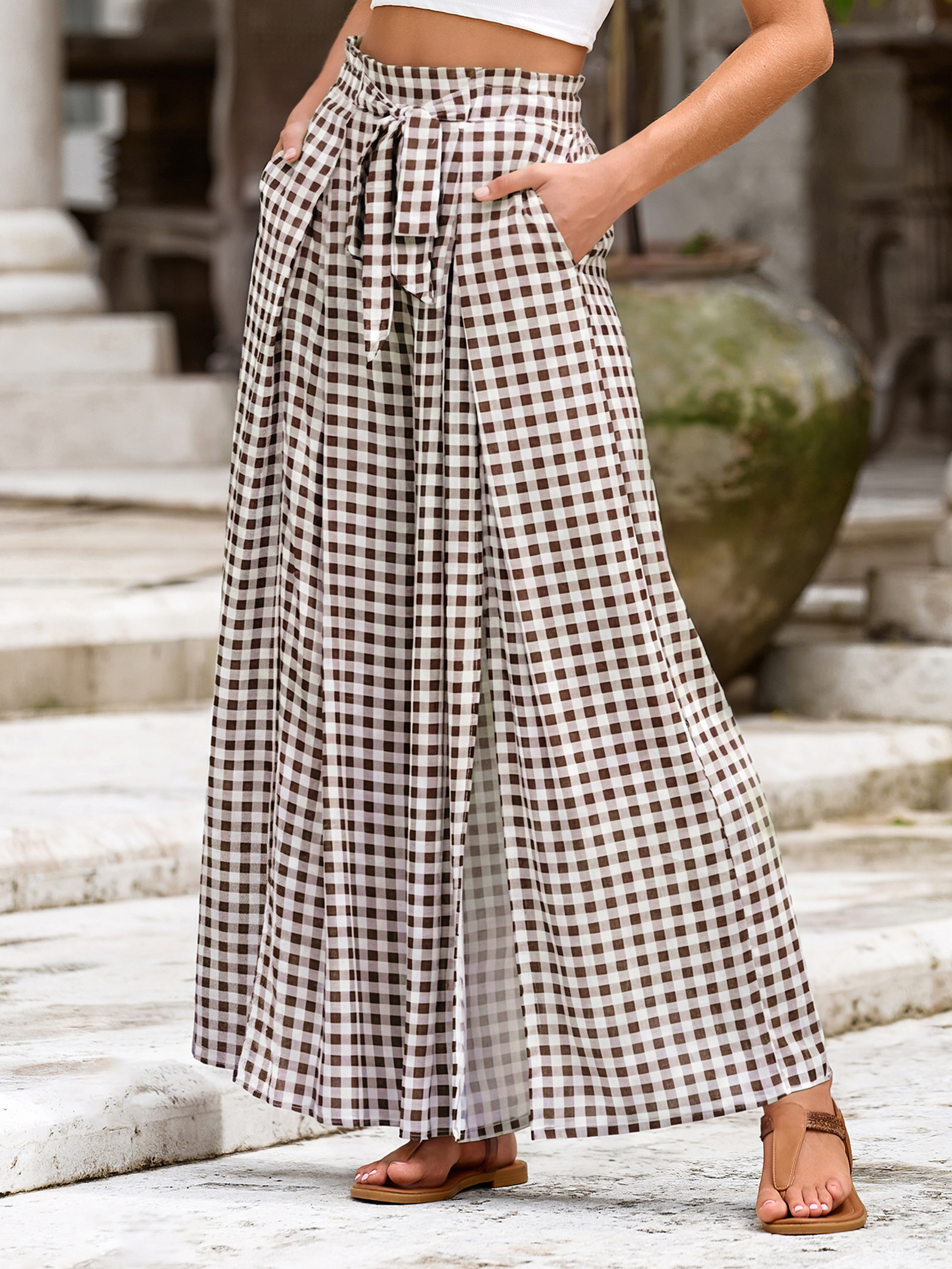 High Waisted Plaid Wide Leg Pants with Pockets