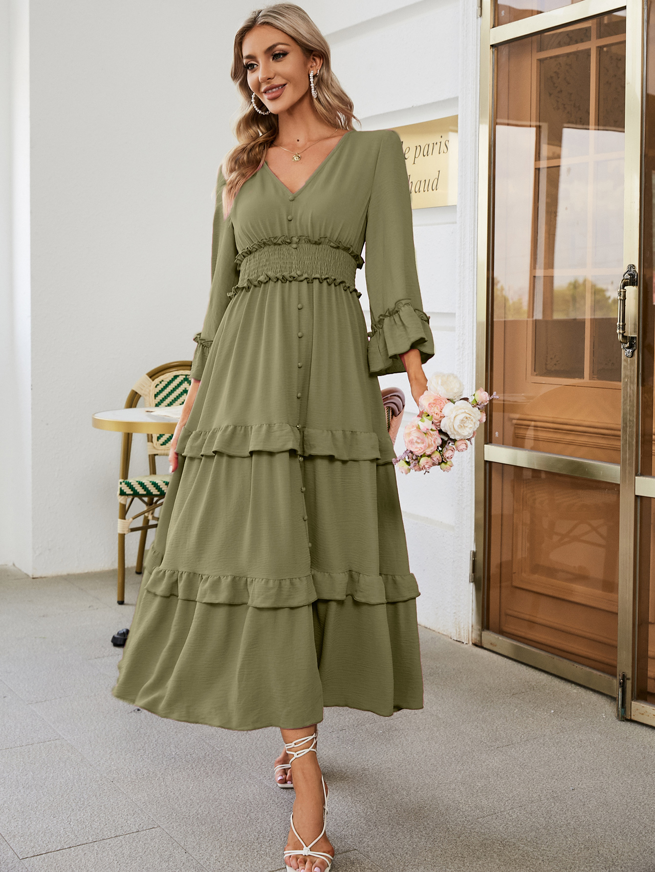 Long Sleeve Tiered Ruffle Smocked Flare Maxi Dress