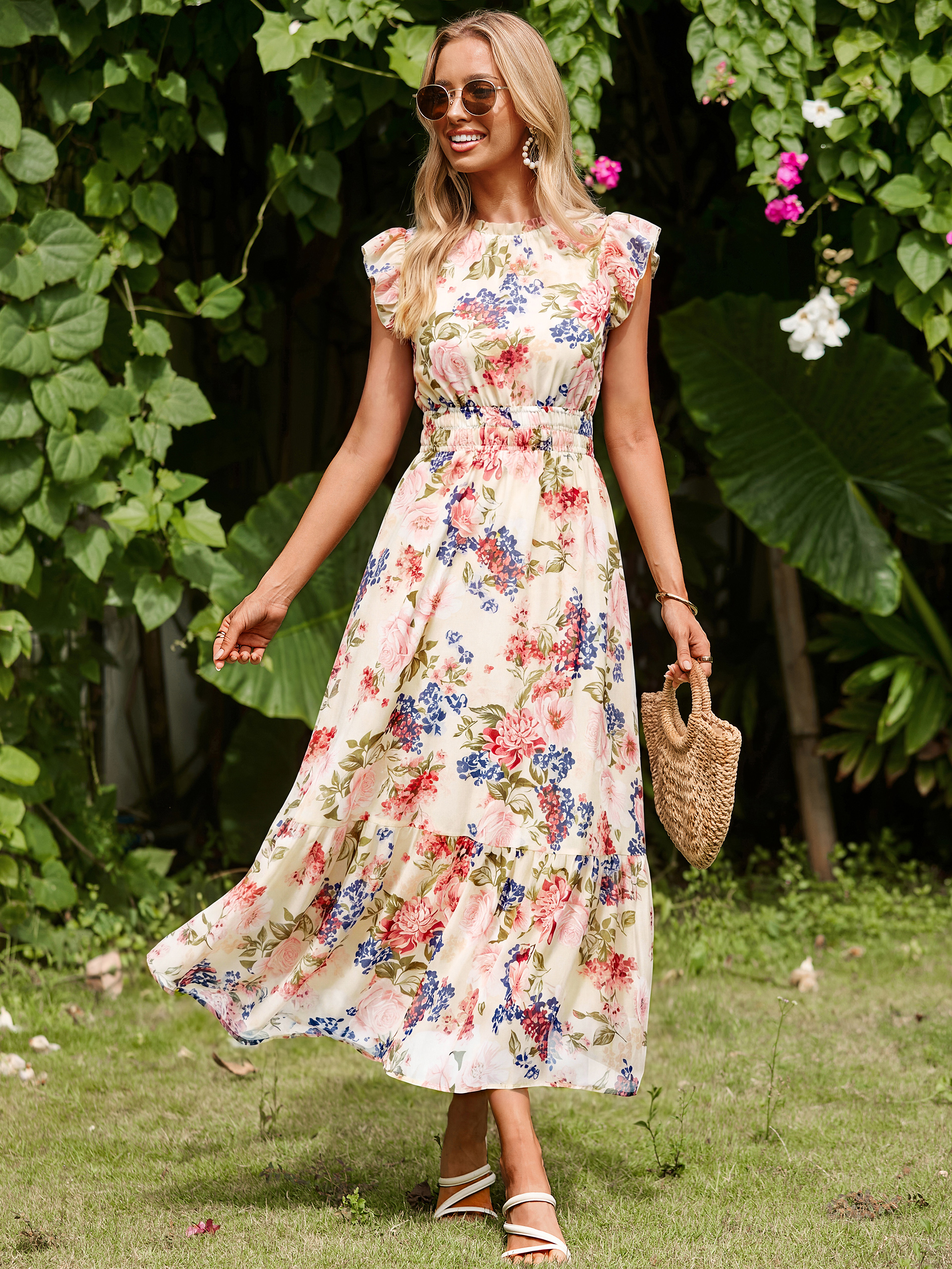 Floral Chiffon Ruffle Neck Flutter Sleeve Maxi Dress - Apricot Pink Floral