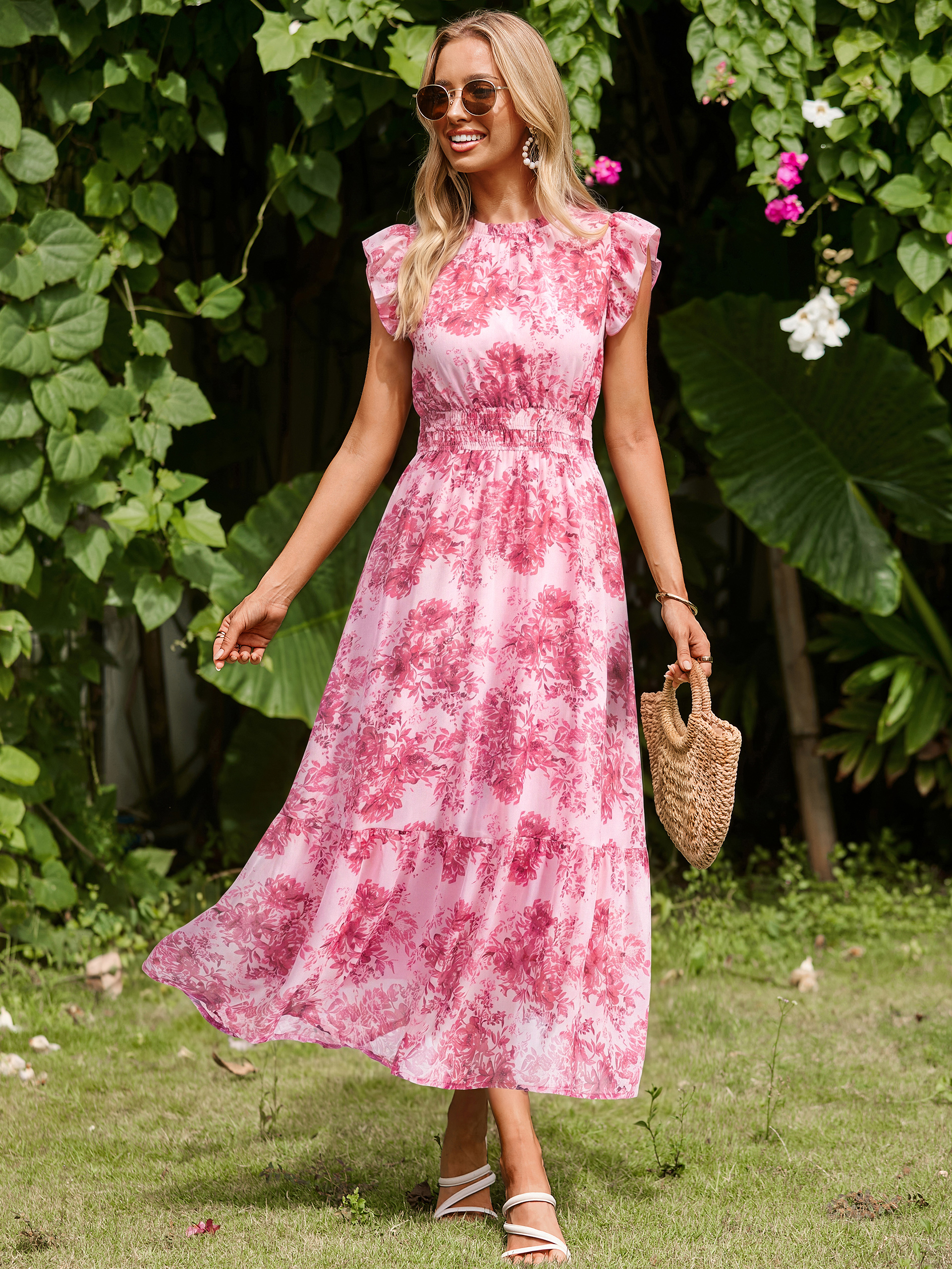 Floral Chiffon Ruffle Neck Flutter Sleeve Maxi Dress - Pink Floral