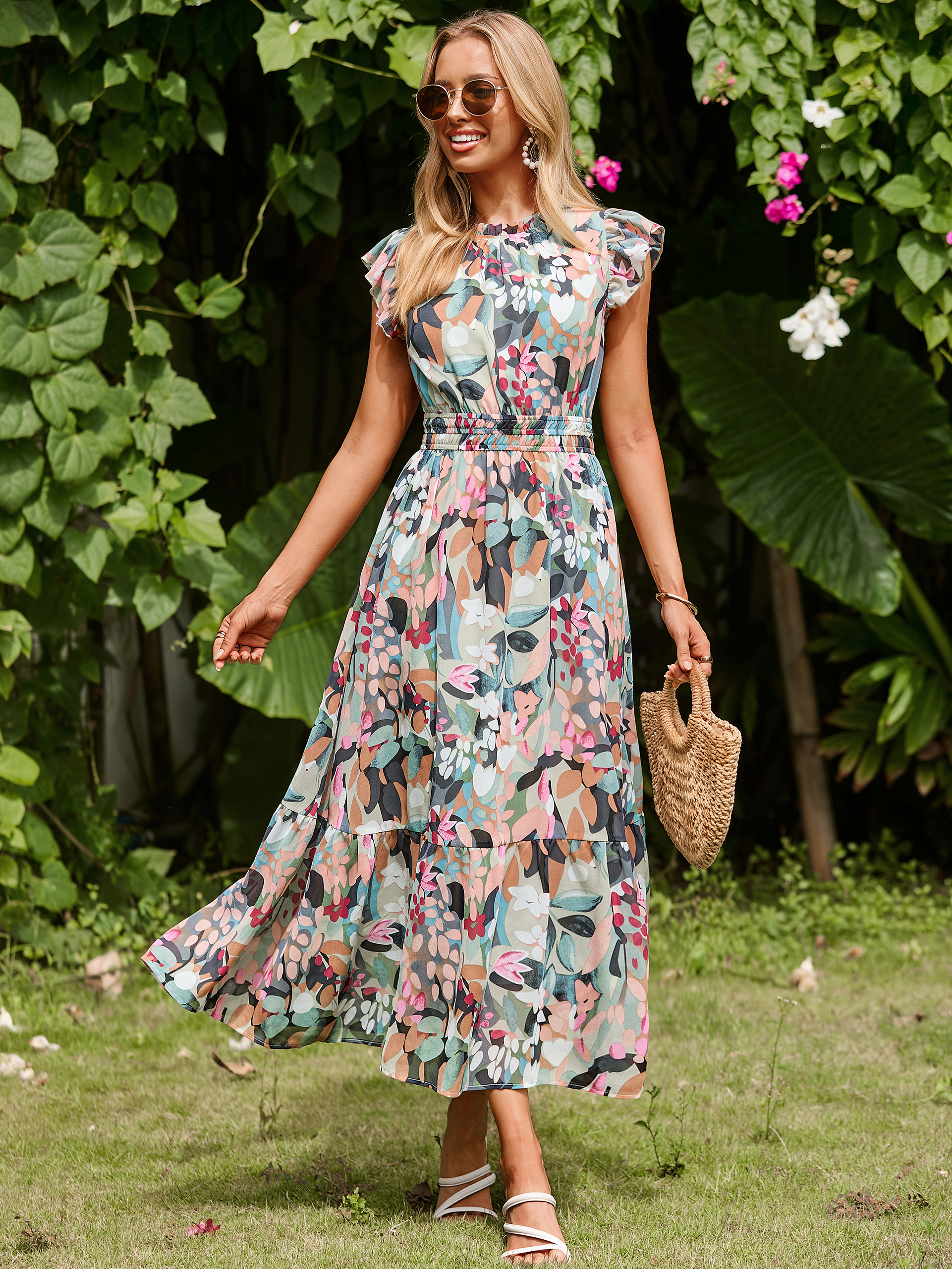 Floral Chiffon Ruffle Neck Flutter Sleeve Maxi Dress - Green Pink Floral