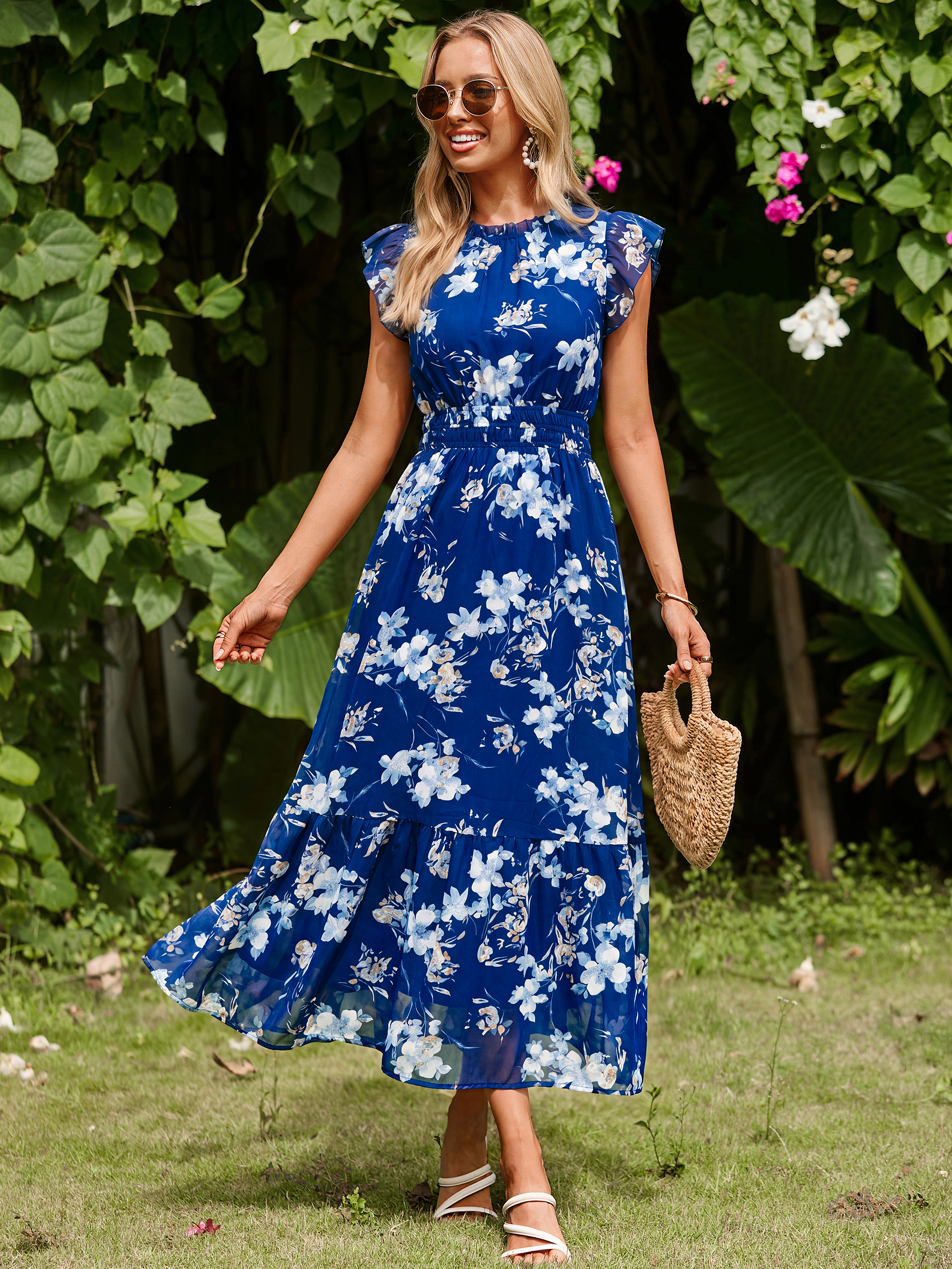 Floral Chiffon Ruffle Neck Flutter Sleeve Maxi Dress - Blue Floral