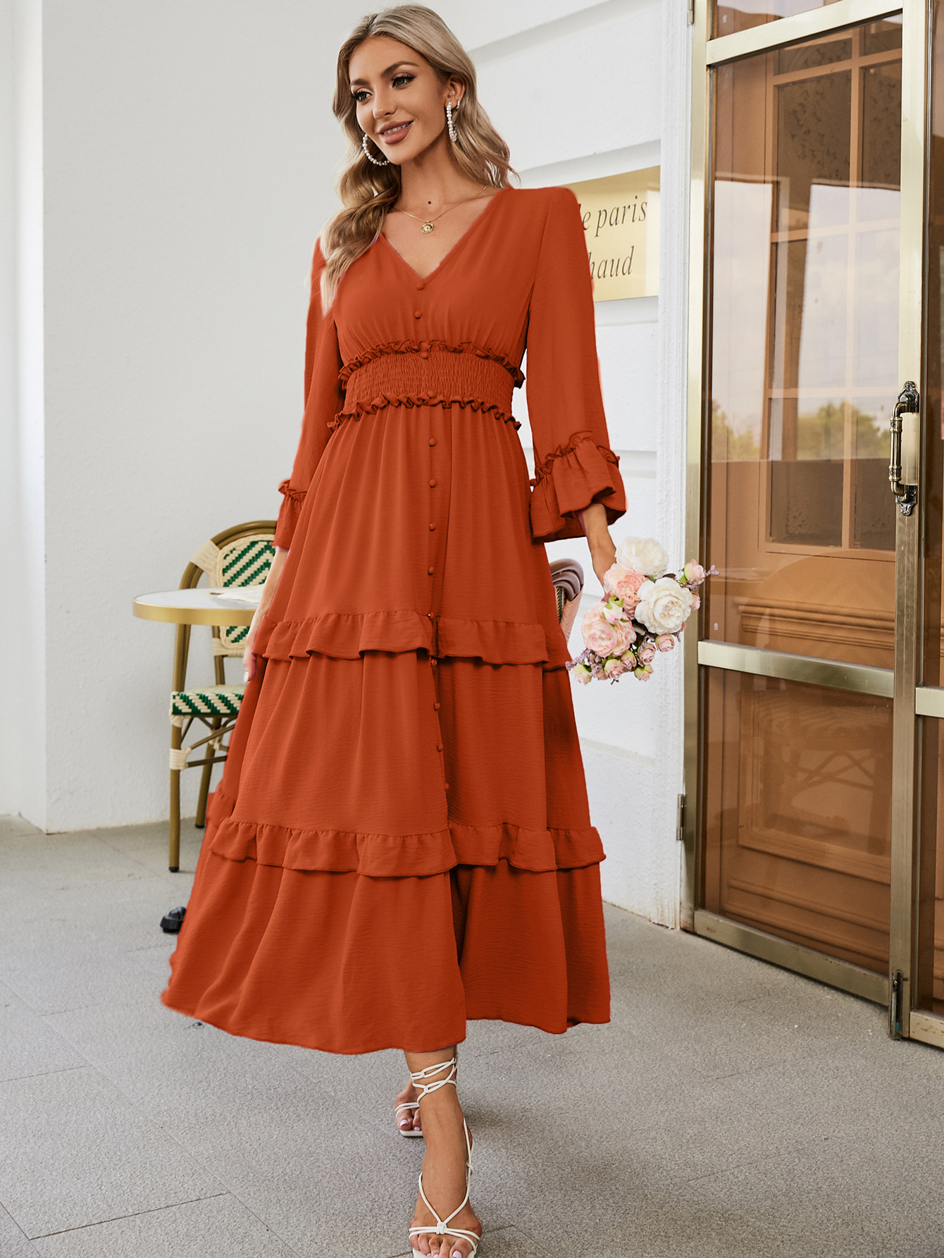Long Sleeve Tiered Ruffle Smocked Flare Maxi Dress