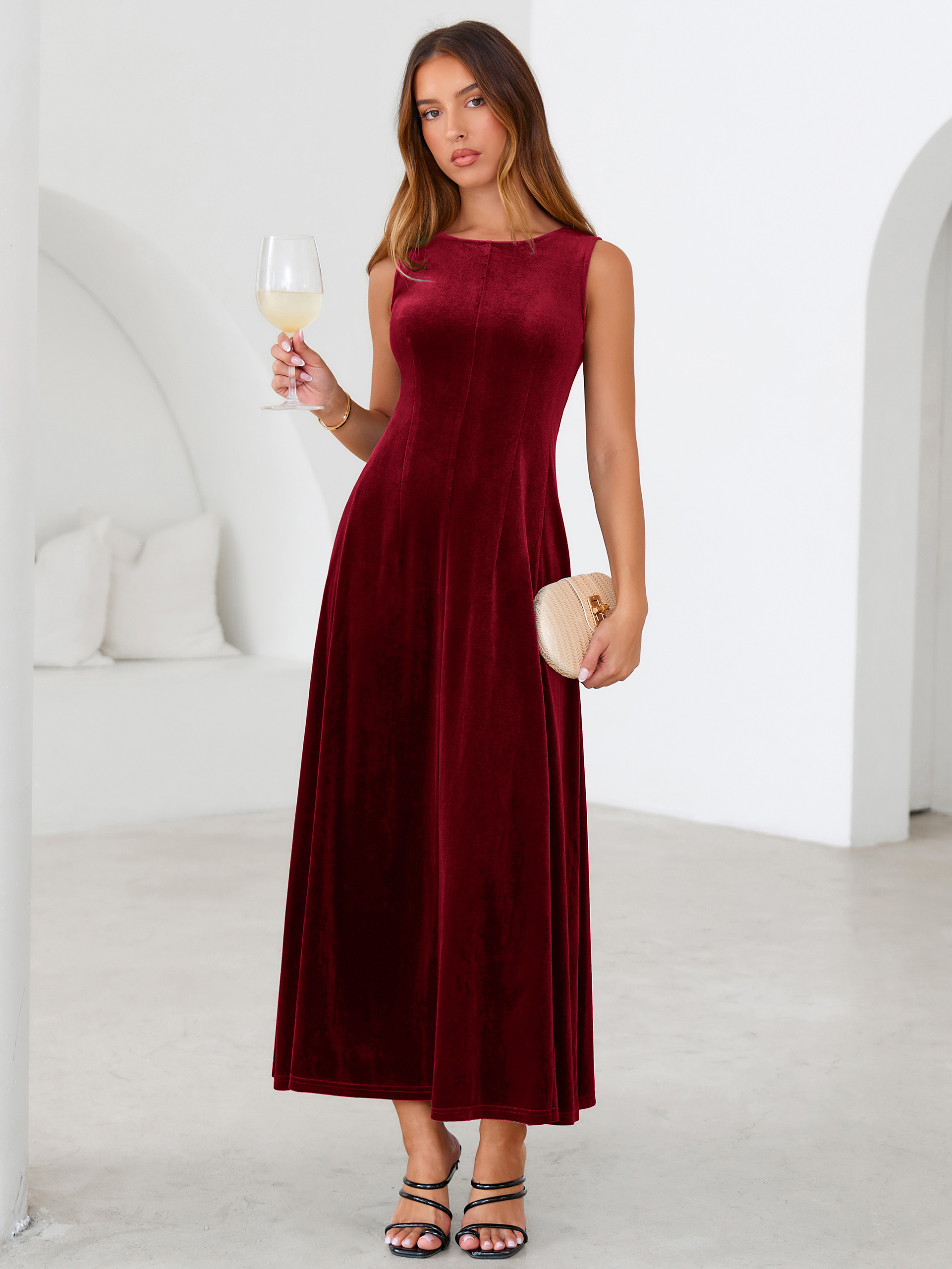 Elegant Sleeveless Velvet Crew Neck A Line Maxi Dress