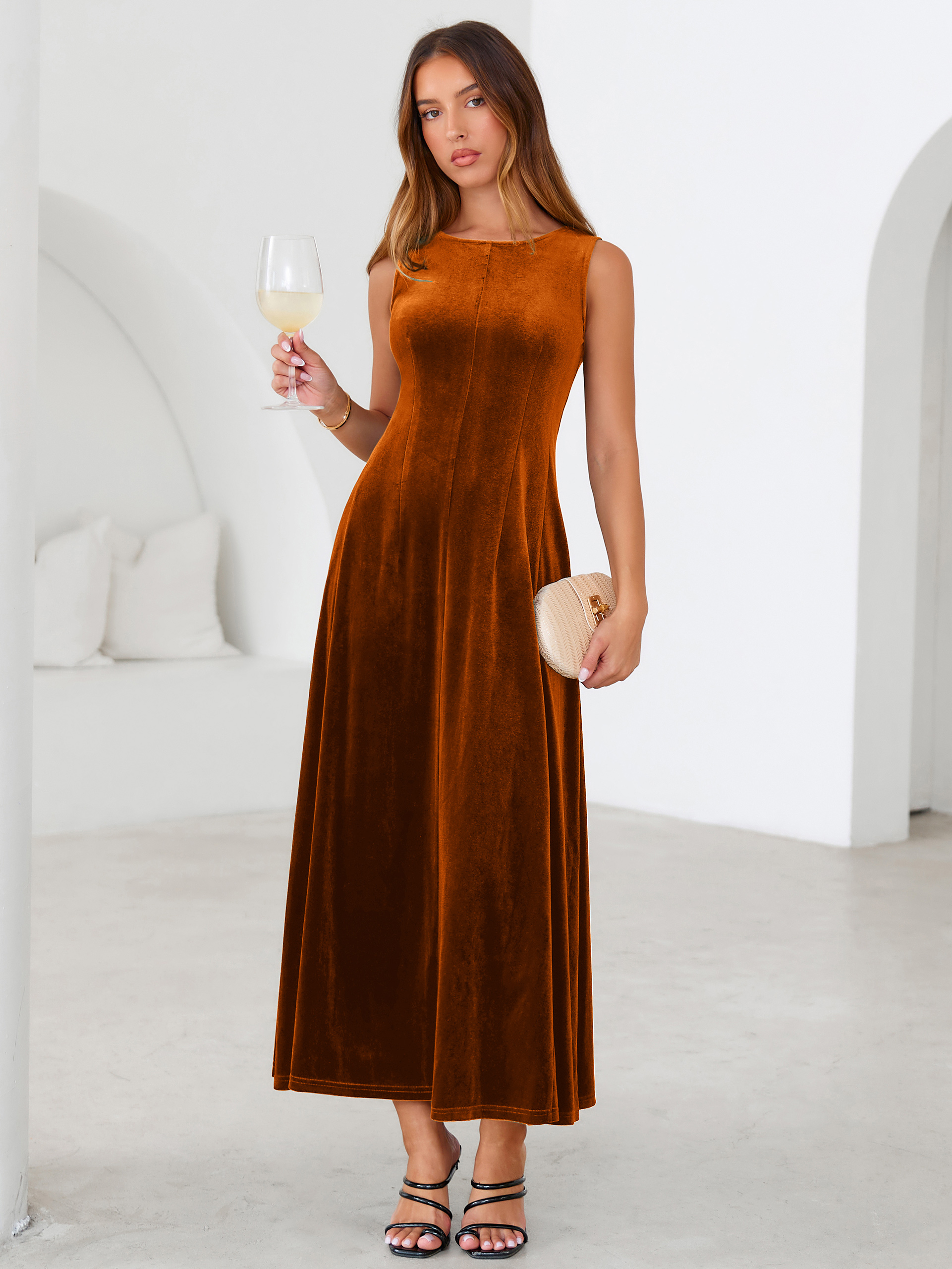 Elegant Sleeveless Velvet Crew Neck A Line Maxi Dress