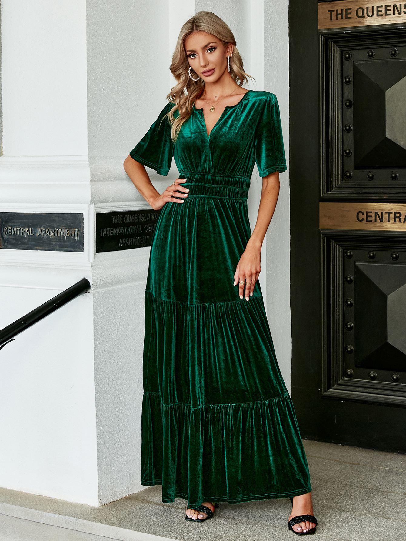 Velvet V-Neck Ruffle Tiered Wedding Guest Maxi Dress
