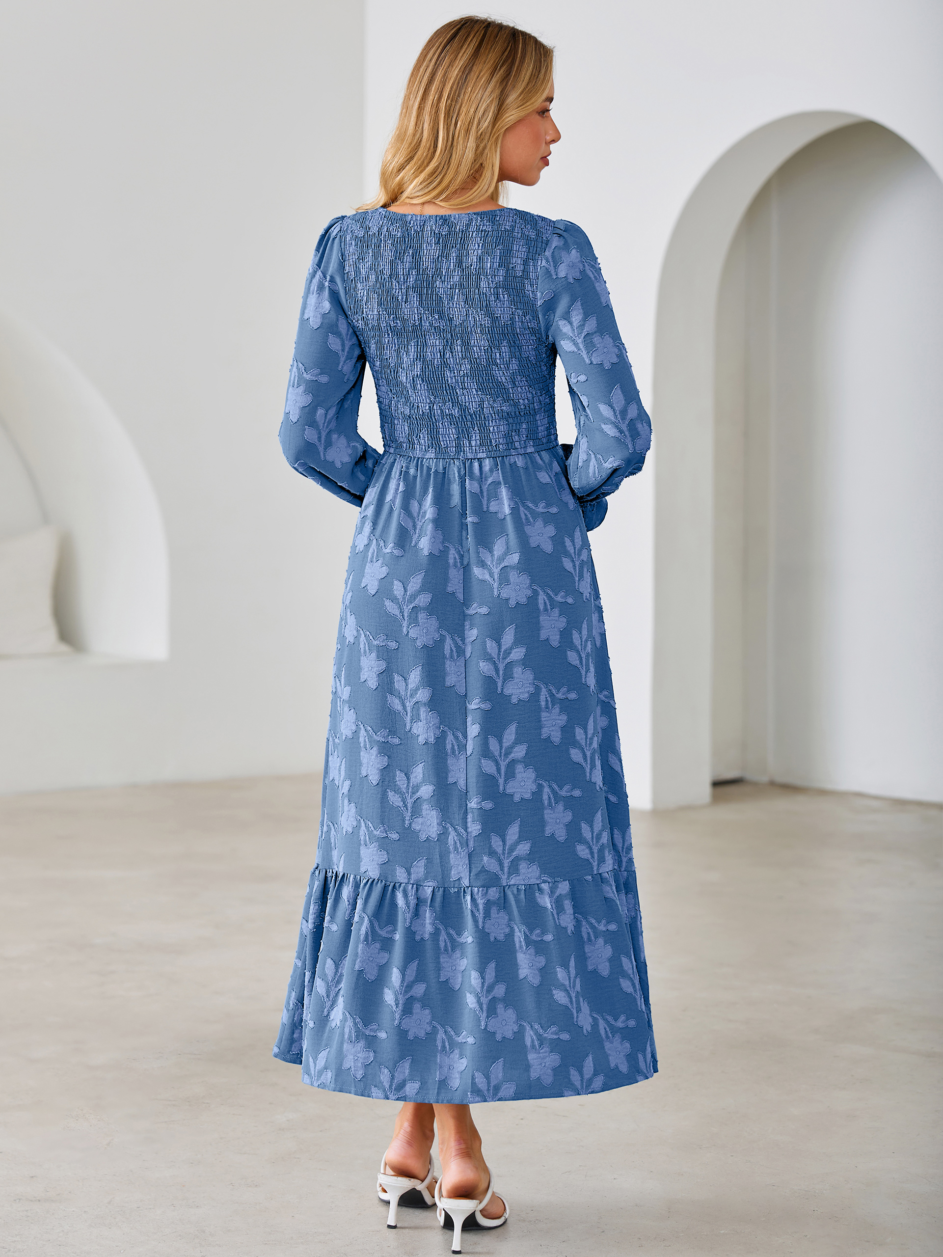 Floral Burnout Smocked V Neck Maxi Dress