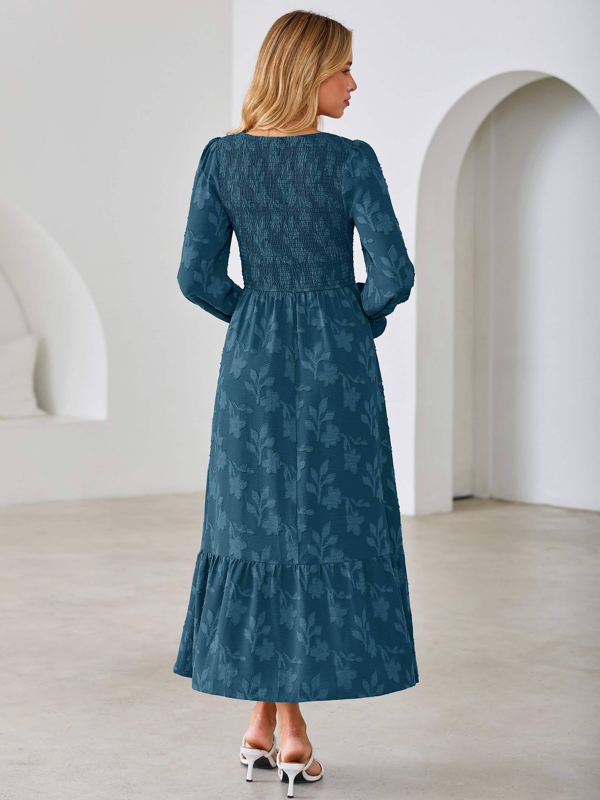 Floral Burnout Smocked V Neck Maxi Dress