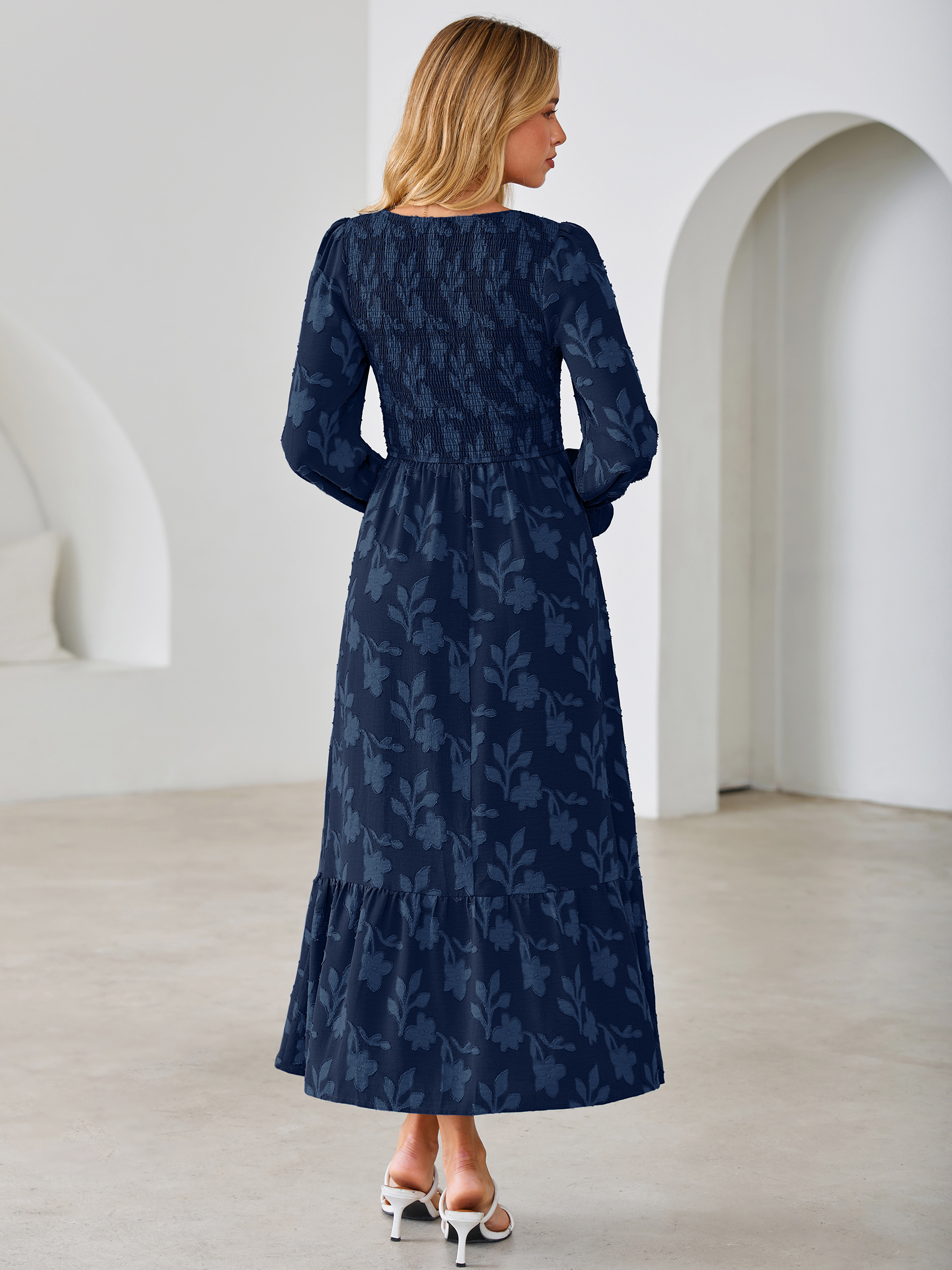 Floral Burnout Smocked V Neck Maxi Dress
