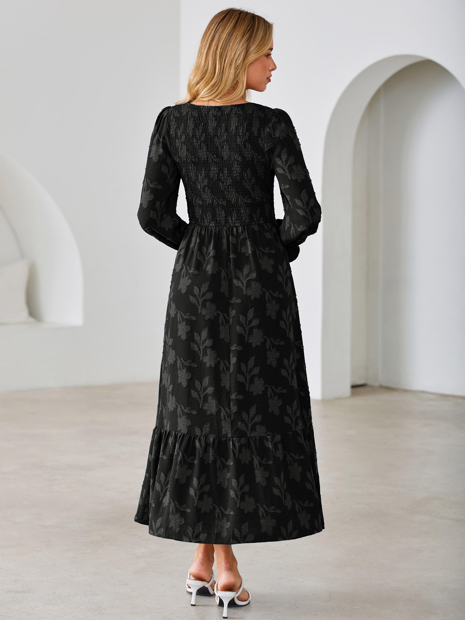 Floral Burnout Smocked V Neck Maxi Dress
