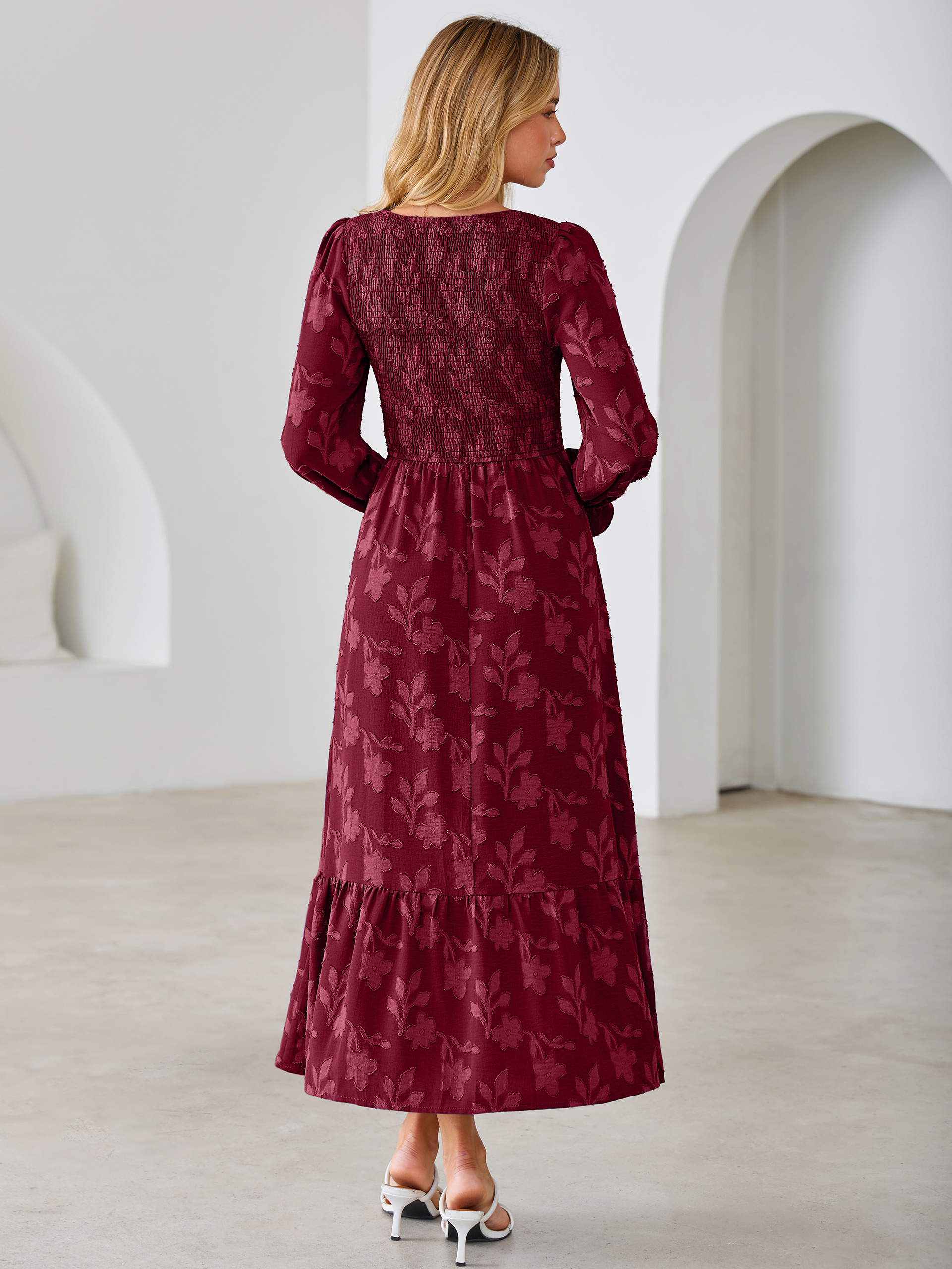 Floral Burnout Smocked V Neck Maxi Dress