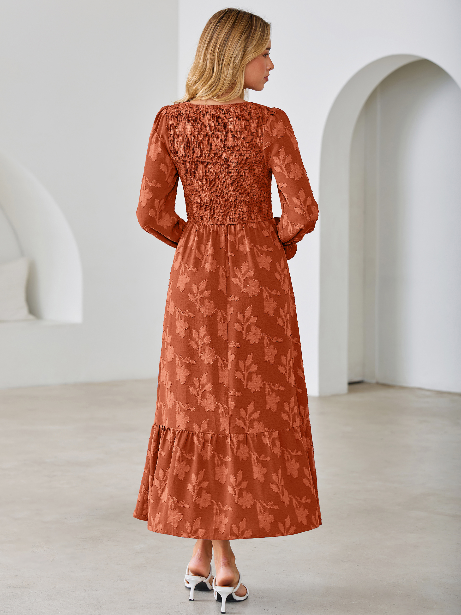 Floral Burnout Smocked V Neck Maxi Dress