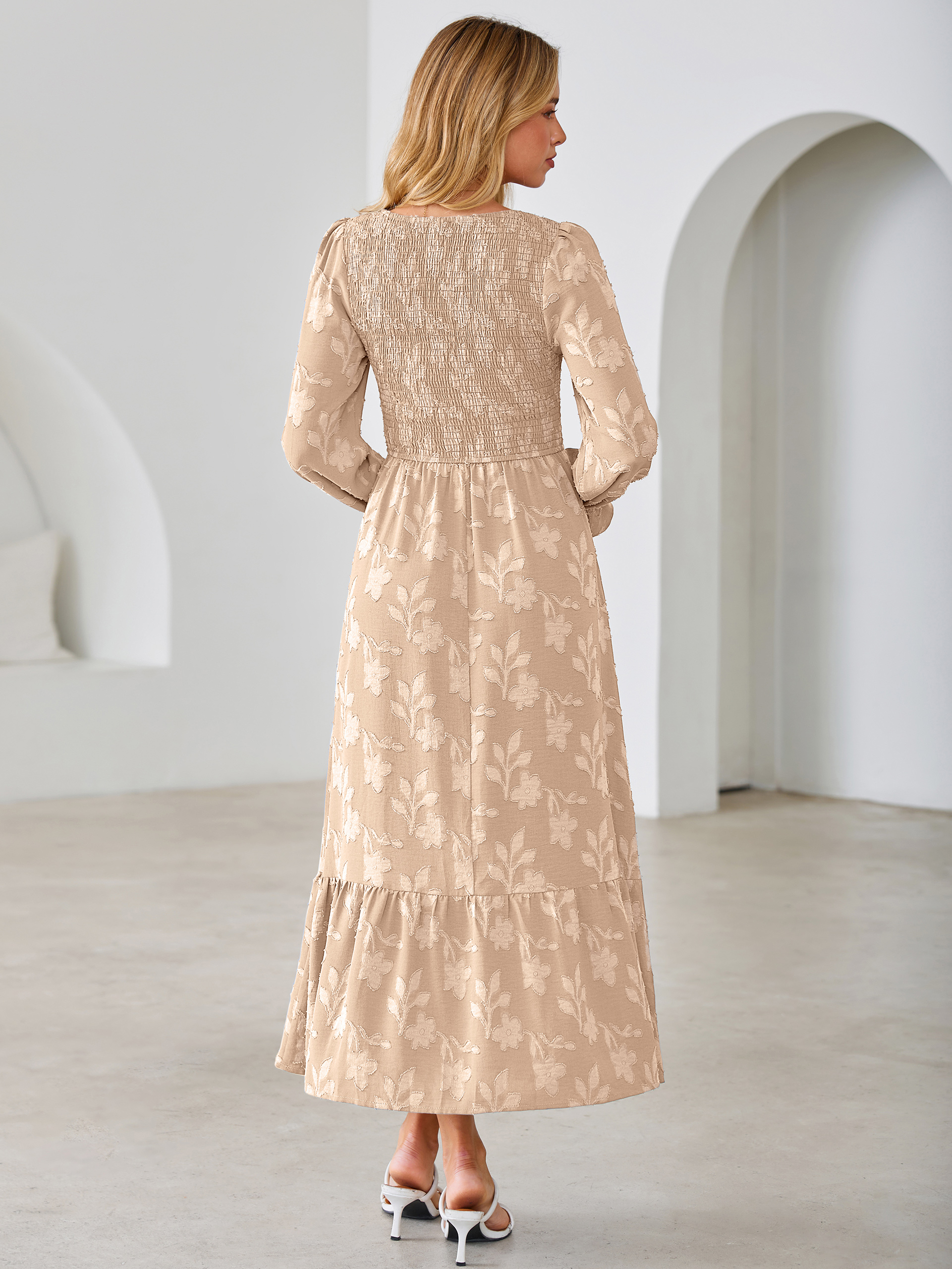 Floral Burnout Smocked V Neck Maxi Dress