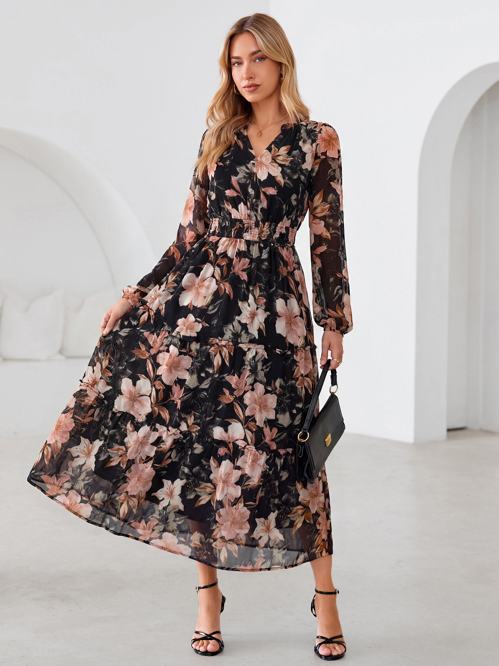 Floral Chiffon Button V Neck Tiered Maxi Dress