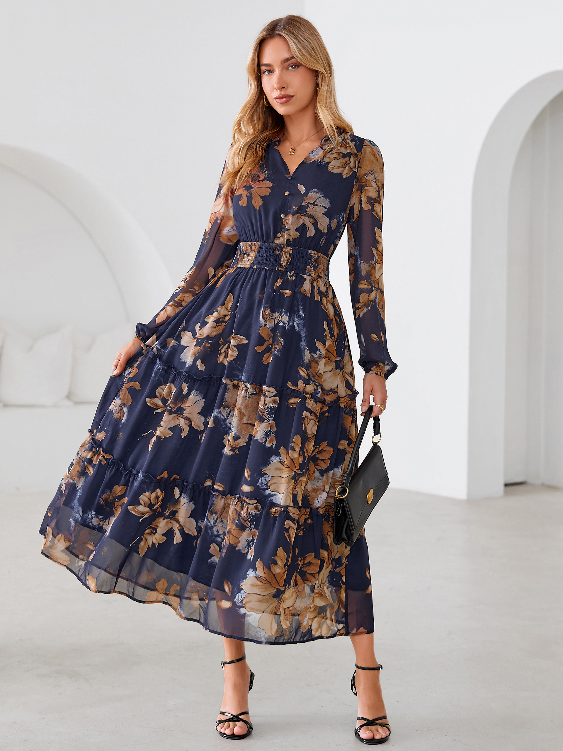 Floral Chiffon Button V Neck Tiered Maxi Dress