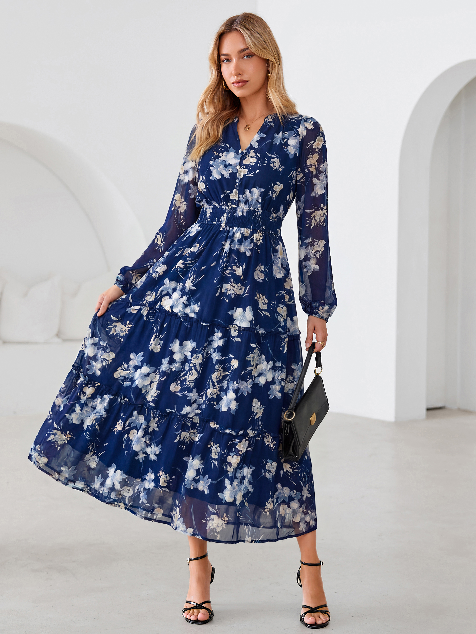 Floral Chiffon Button V Neck Tiered Maxi Dress