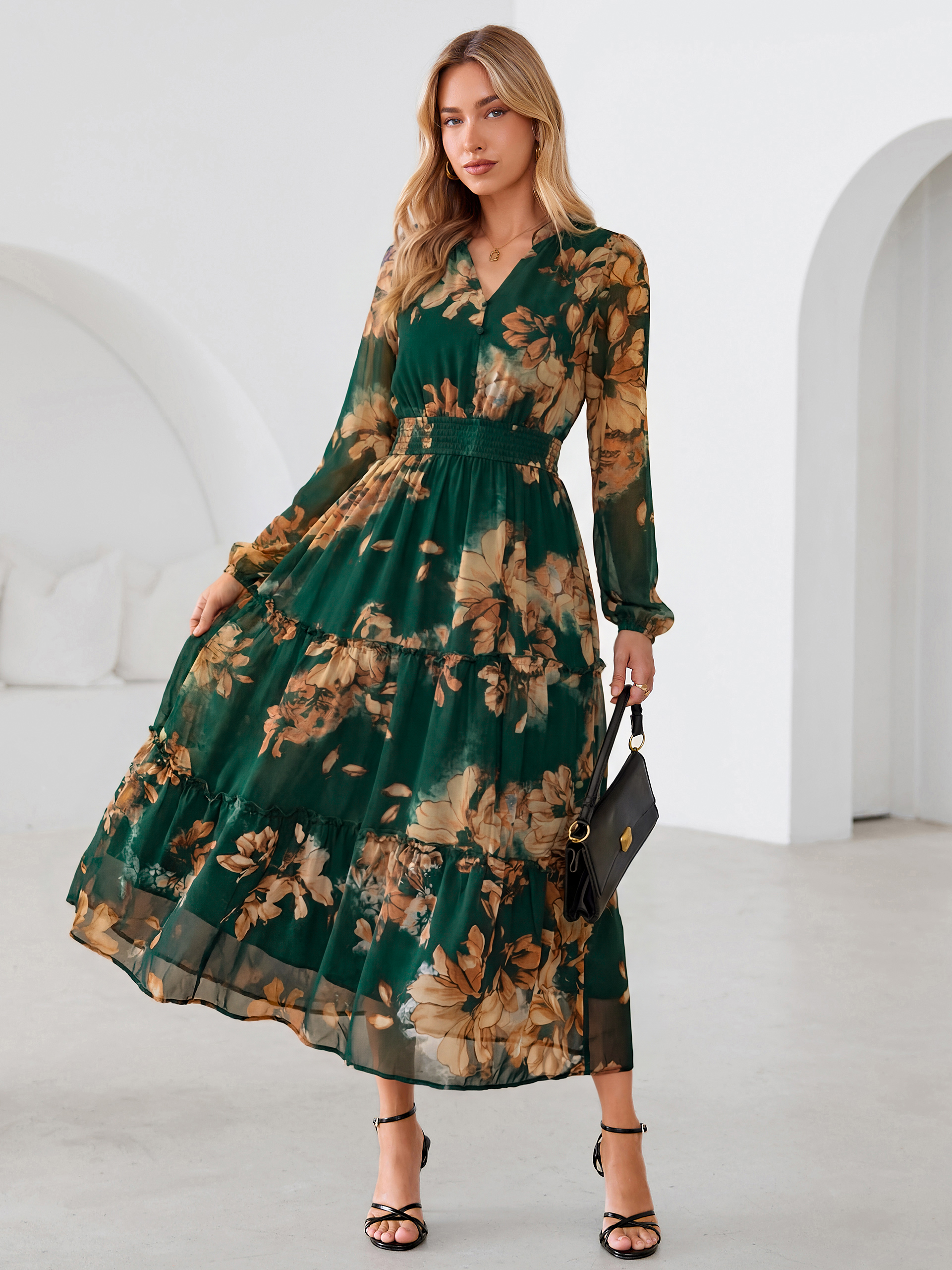 Floral Chiffon Button V Neck Tiered Maxi Dress
