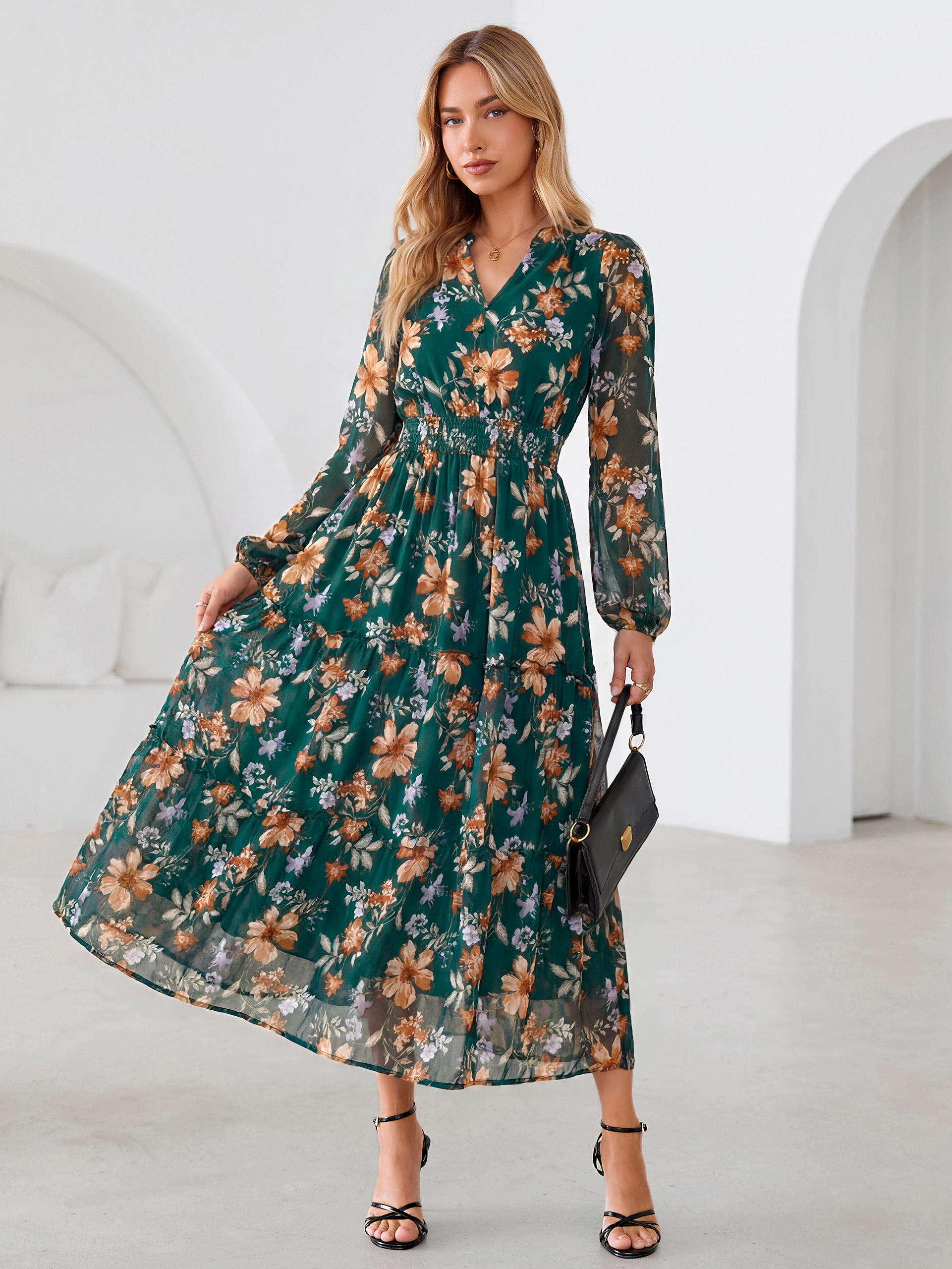 Floral Chiffon Button V Neck Tiered Maxi Dress