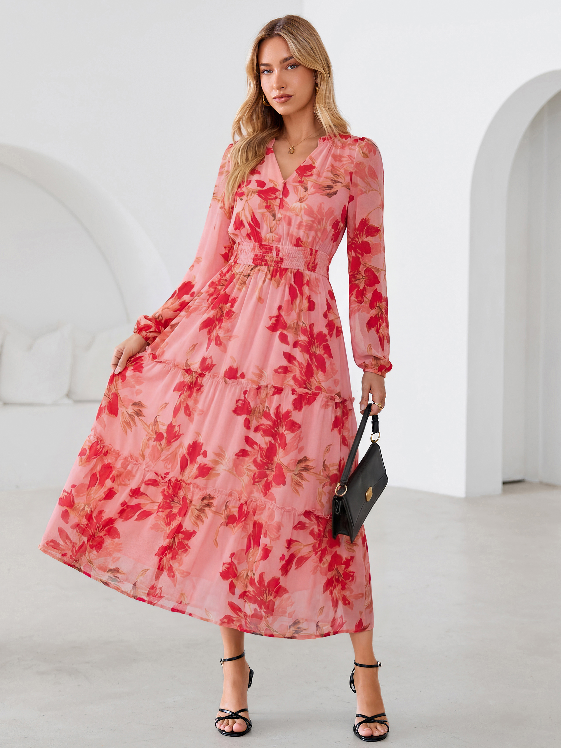 Floral Chiffon Button V Neck Tiered Maxi Dress