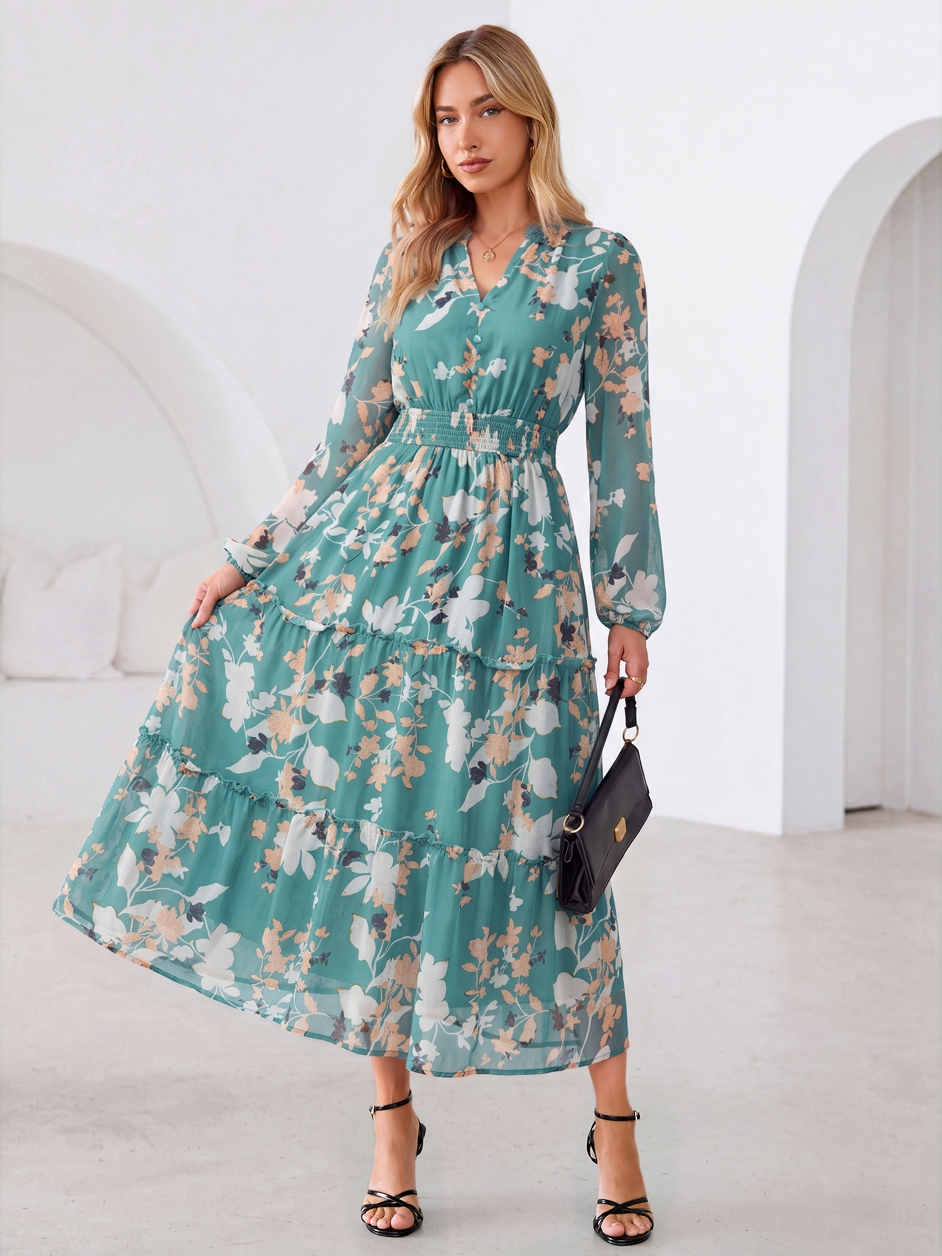 Floral Chiffon Button V Neck Tiered Maxi Dress