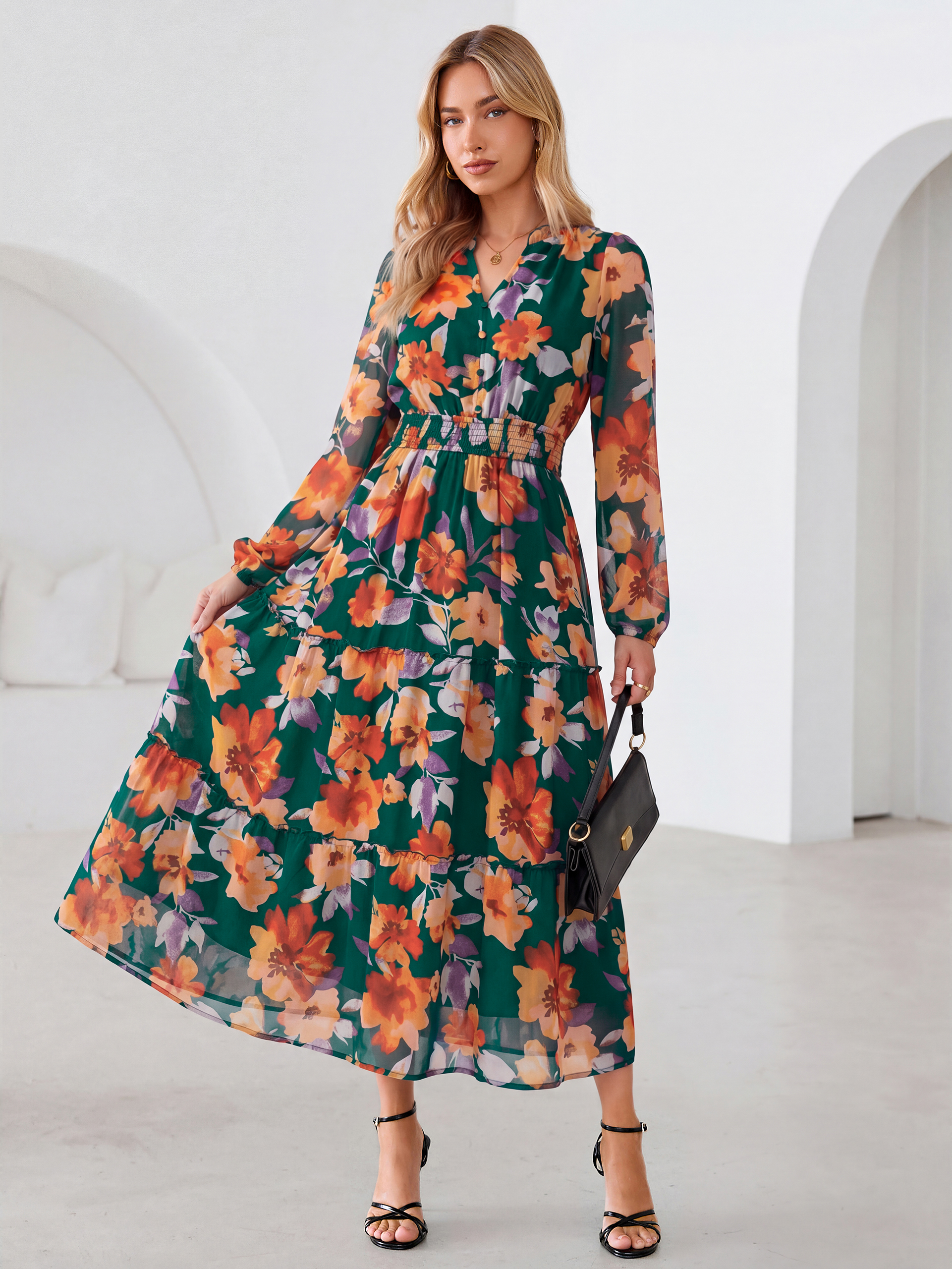 Floral Chiffon Button V Neck Tiered Maxi Dress